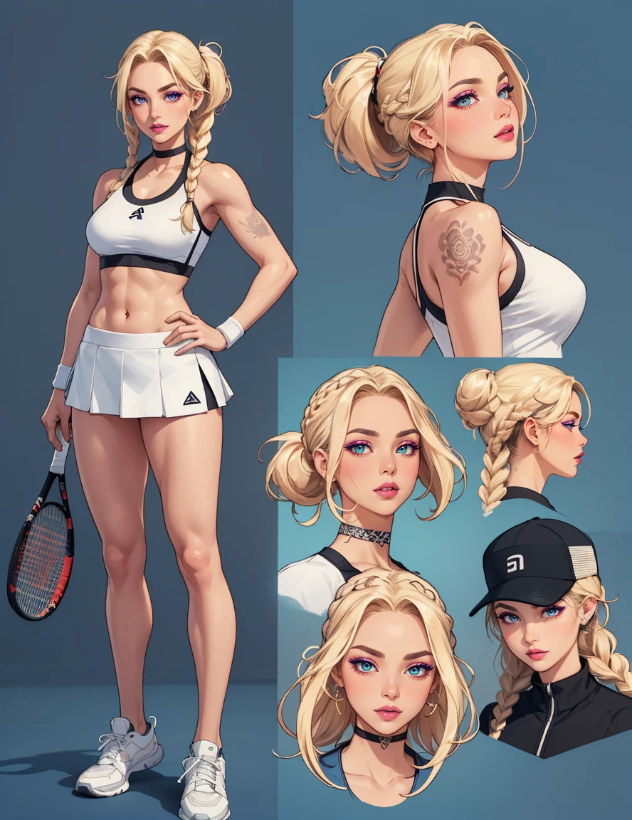 The concept character sheet of a strong, attractive, and hot lady player tennis, (player tennis style), wearing black player tennis clothes, white sneakers and cap. Her face is oval, forehead is smooth and visibly rounded at the temples. jawline is softly defined, giving her a gentle and feminine appearance, full body, Full of details, frontal body view, back body view, Highly detailed, Depth, Many parts, ((Masterpiece, Highest quality)), 8k, Detailed face, scars, serious expression. Infographic drawing. Multiple sexy poses. tattoos,3d, (braids blond), (light blue eyes), choker