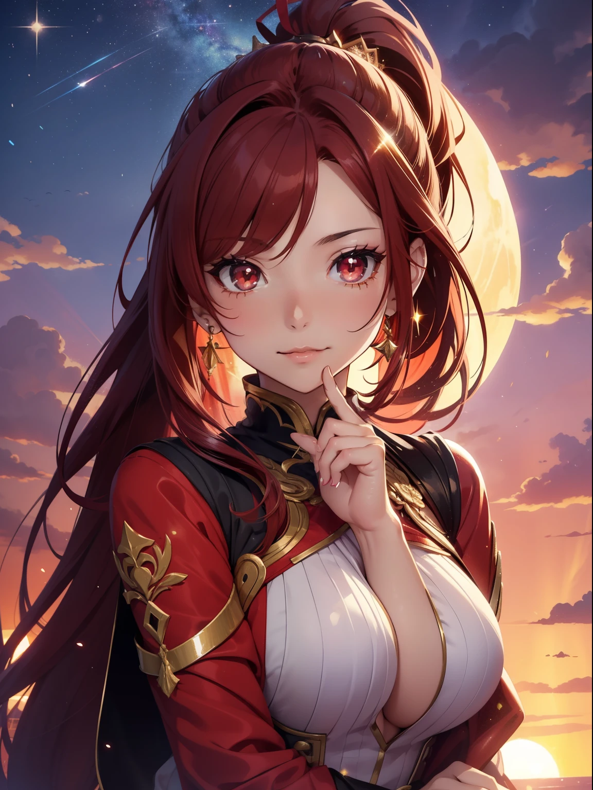 masutepiece, High resolution, 8K, anime woman, Delicate and detailed writing 、Detailed digital illustration、absurdly long hair、(((Ponytail)))、Shiny hair、a very beautiful woman、Eyes are double, Large,Little hanging eyes、 Bust E Cup、High image quality, High quality、Detailed background、((Detailed and beautiful sunset sky background))、The inside of the eye shines like a diamond、(((Dark red hair)))、Gradient pupil、(((2 arms、4 fingers, 1 thumb)))、Detailed female face、a very beautiful woman、、细致背景、masterpiece、Soft Focus , Bright gradient watercolor , Lens Flare , (((Glitter))) , Glow , Dreamy ,a miniskirt、Idol、Light red Ribbon、Very beautiful light red rose hair accessories、Light red and gold costume with white as the main color、((Macroface))、(Cool Girl).Tall lady、Dignified.((No bangs))、A smile、