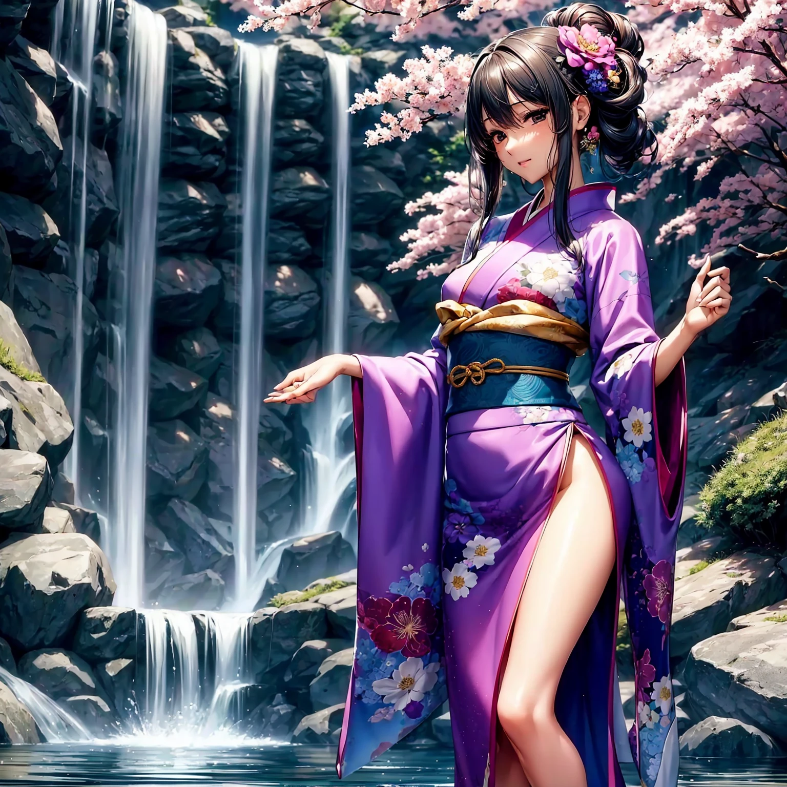 (((highest quality、masterpiece、very high resolution))),(There is a woman with perfect and ultimate beauty..,beautiful figure,beautiful face,beautiful skin,beautiful breasts,Well-formed eyes and nose)、(Slender and beautiful body,best hair texture,Best skin texture)、((Beautiful Japan kimono:floral and colorful)),(Fantastic waterside,There is a waterfall,Night cherry blossoms and lanterns,mysterious night sky、beautiful scenery),(water play,beautiful pose,model shoot,Hair flutters under the influence of the wind),(realistic portrait,bijinga),Overall image、accurate anatomy、Image without defects、highly detailed images、accurate image、beautiful images,perfect image、beautiful anime woman, beautiful art style, anime character、(best shot,RAW photo)、