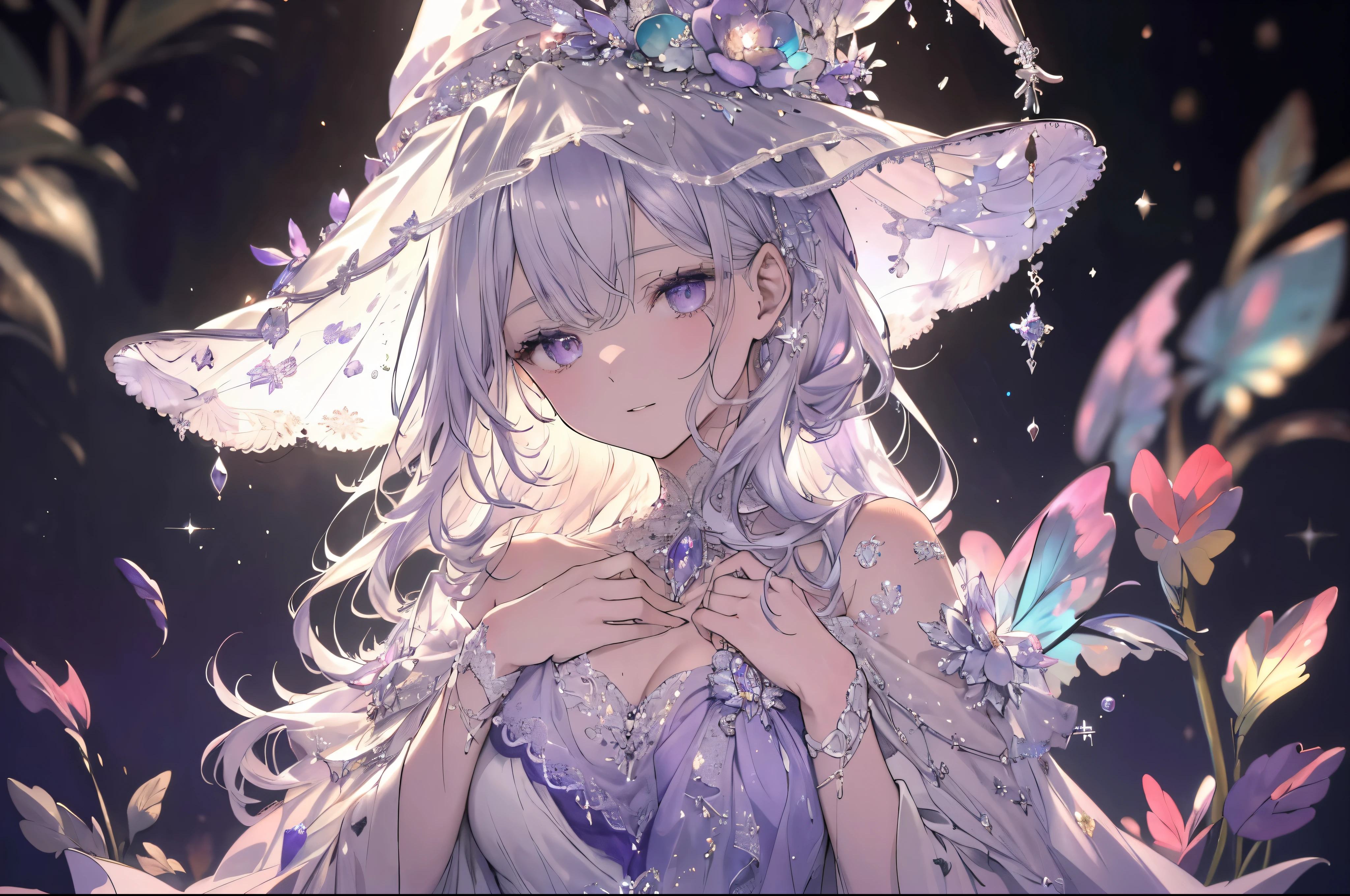 High definition RAW color art, animation,sculpture, Silver Marble Skin, (((Ultra detailed elegant))), magical atmosphere, fine skin, texture,(intricately detailed, small details, Super Detail Art), Depth of bounds written, Bokeh, Silky Touch, hyper detail, white background, (Pastel purple), beautiful eyes, elegant face, think back, witch hat, chest