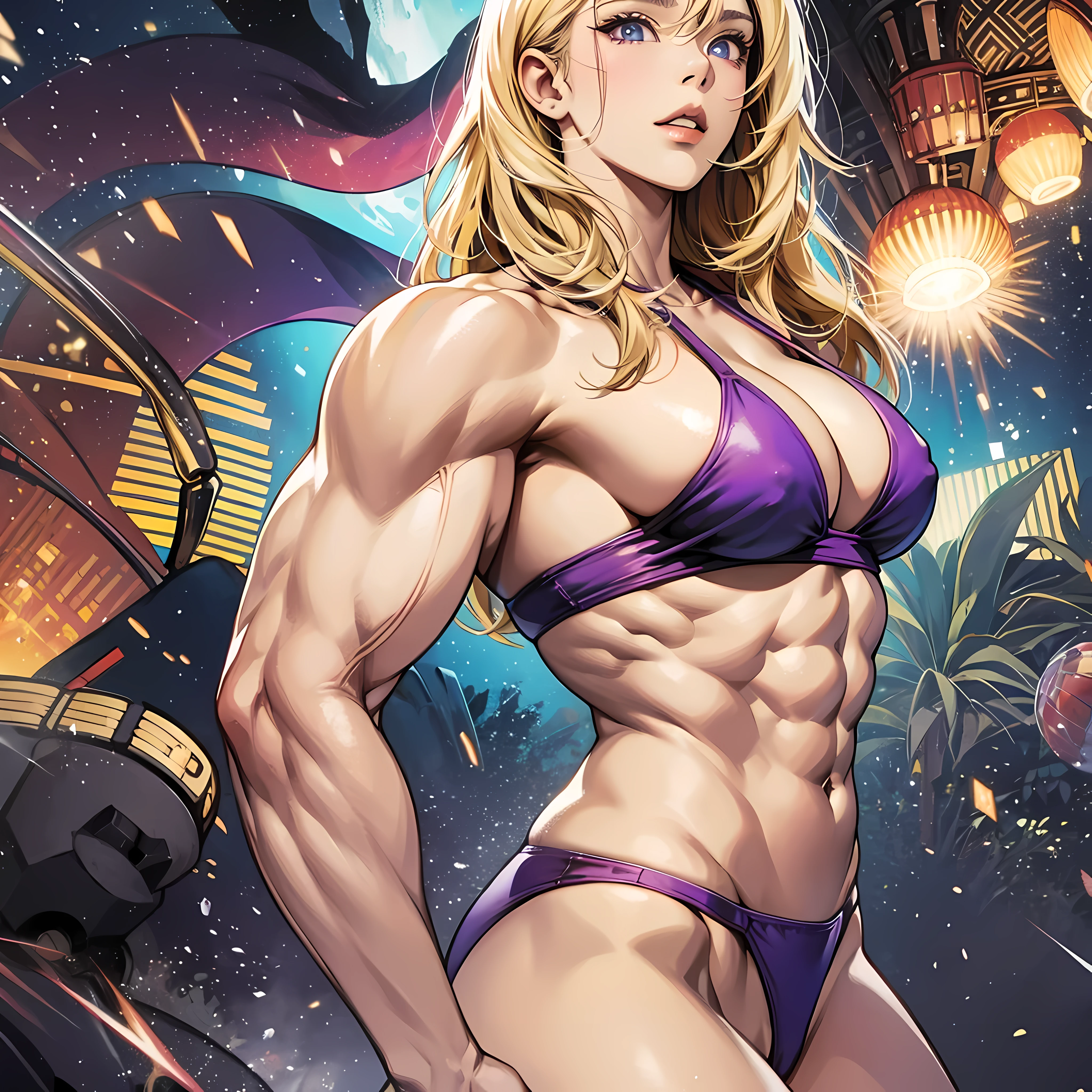 Masterpiece, Bikini, blonde, purple eyes, ((NSFW)), (((accurate anatomy))), ((wide hips)), (((Huge breasts))), ((long legs)), (((Massive Female Bodybuilder))), ((((Muscular Legs)))), (((((Huge Muscles)))))