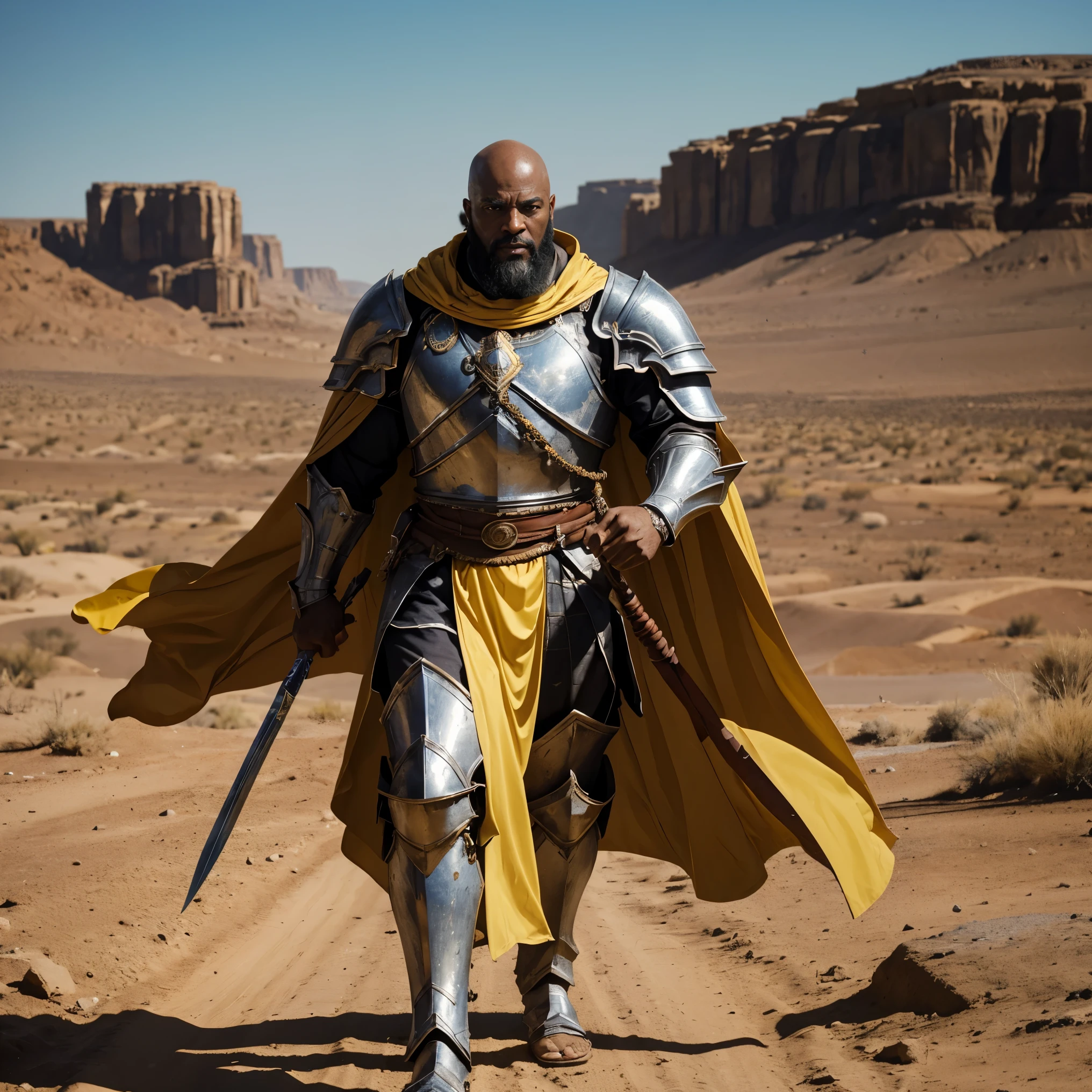 Visualize a new full-bodied character: a towering and muscular black man, aged 55, with a bald head and a graying beard. This honorable and just paladin exudes an air of wisdom and strength. He is adorned in a resplendent suit of armor that gleams brightly, signifying his dedication to righteousness. Draped in a flowing and regal yellow cape that trails behind him, he presents a striking figure.
In a commanding scene, this paladin marches resolutely through a desert landscape, leading an army of knights. The arid expanse provides a stark contrast to the brilliance of his armor and the determined expression on his face. The image captures the essence of a seasoned and honorable warrior, leading his forces with unwavering dedication through the challenging terrain of the desert.