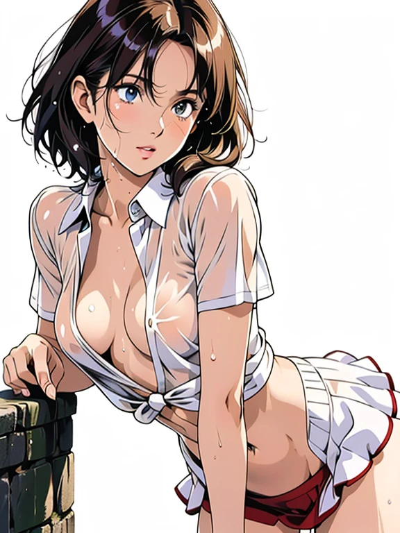 (8K, RAW photo, highest quality, masterpiece: 1.2), (realistic, realistic: 1.37), 1 girl, Japan, 25 years old, woman, pool, splash, Natural light, photon mapping, radio city, dark brown hair, detailed face, detailed lips, fine eyes, more skin, double eyelid, ((wet and transparent shirt、white mini flare skirt)), the shape of the nipples is clearly visible, (The shape of the pubic bone is clearly visible), perfect body, (wet body: 1.5), shiny skin, (Are standing), thighs open, sexy pose,, eye contact with camera、(((white background)))、Open chest shirt、