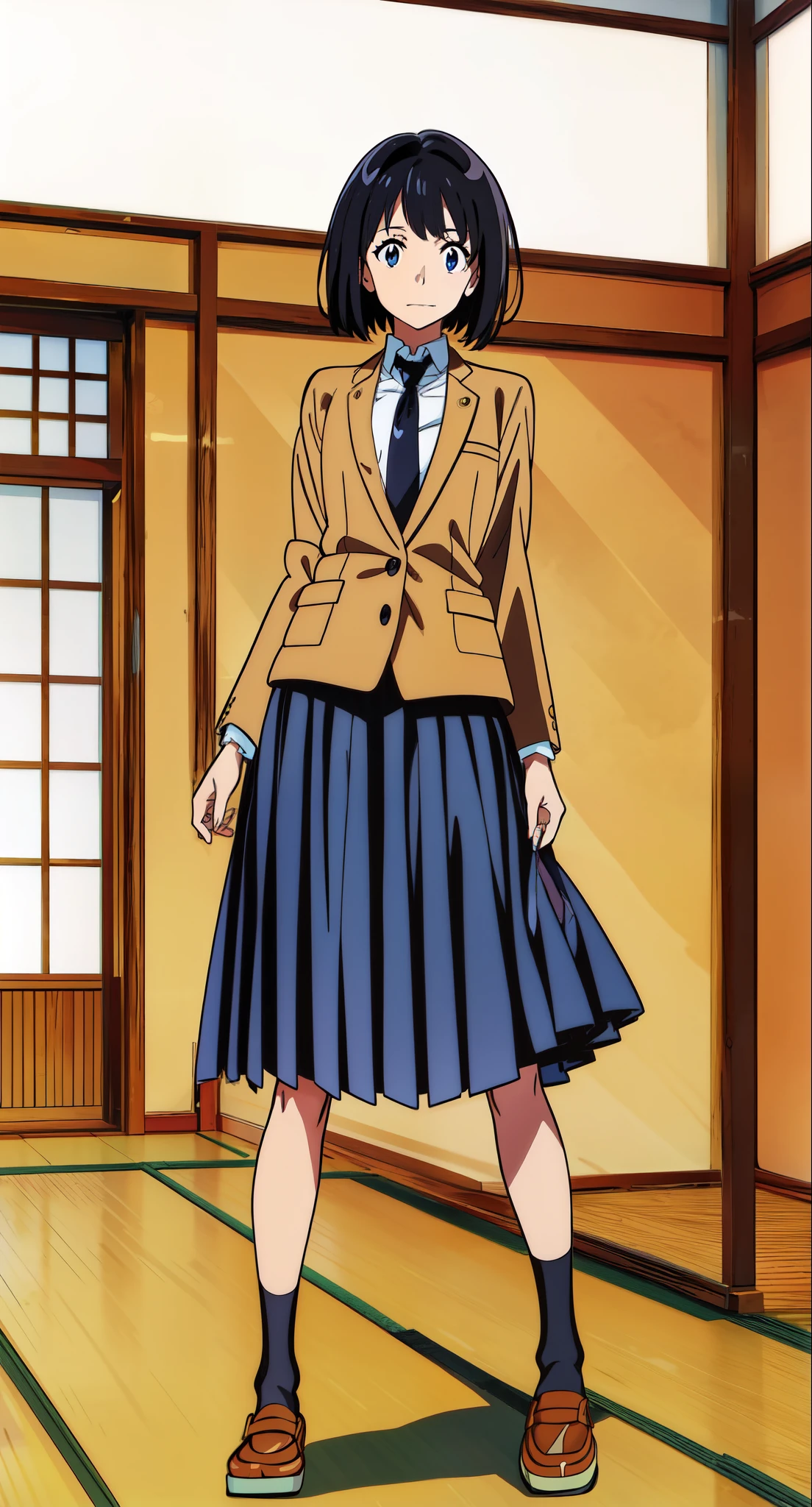 (in the tatami room:1.5), (anime:2.0), (official art:2.0), (best quality:2.0), (masterpiece:1.0), (full body:1.0), (solo:1.0), (a 18yo cute girl:1.0), (long skirt:1.0), (dark blue skirt:1.0), (pleated skirt:1.0), (school uniform beige blazer:1.0), (dark blue necktie:1.0), (loafers:1.0), (black socks:1.0), (ideal ratio body proportions:1.0), (lanky:1.0), (tall:1.0), (slender:1.0), (small breasts:1.0), (smaller face:1.0), (tareme:1.0), (detailed beautiful eyes:1.0), (detailed beautiful face:1.0), (glowing black eyes:1.0), (bob cut hair:1.0), (black hair:1.0)