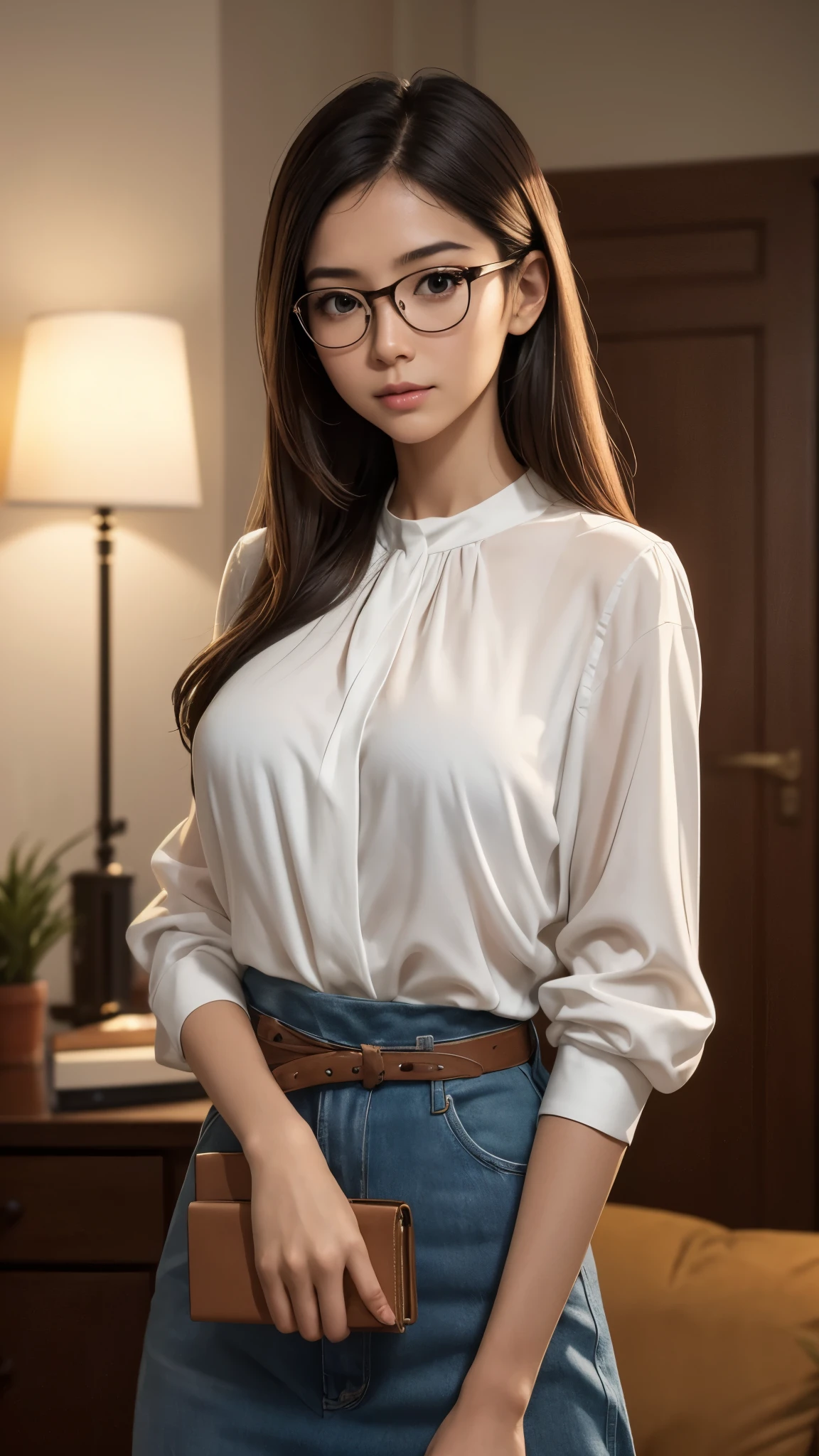 Genre: Portrait Photo or Other: Photo Subject/Action/Situation: A thoughtful woman in white blouse touching her glasses while looking directly at the camera Hairstyle: Long hair Attire: White blouse Emotion/Expression: Thoughtful, serious Artistic Method: Color photography with focus on realistic textures Background Elements/Location: Blurry background with ambient lights conveying an evening indoor setting Art Style: Realistic Image Quality: High-quality, high-resolution photo with a shallow depth of field Composition: Center Framed subject with eye-level shooting perspective Positioning Within Frame: Woman centered in the frame Shot Angle: Eye level Shot Size: Close-up Shot Position: Front view ,front of face Focus Method: Shallow depth of field Lighting: Natural or ambient indoor lighting mixed with bokeh light effects from the background Effects: Bokeh effect from background lights Post-Processing: Color correction to enhance subject and create a color balance between cool and warm tones Texture: Smooth skin texture portrayal Color Tones: Cool dominant colors with warm highlights Saturation: High saturation to make colors vivid Brightness/Luminance: Balanced medium luminance to capture evening mood Climate/Weather: Indoors, N/A Season: Not applicable Time of Day: Evening or night, based on background lighting Image Concept/Theme: Modern, casual elegance Aspect Ratio: (Specify if required, e.g., 16:9 for widescreen)