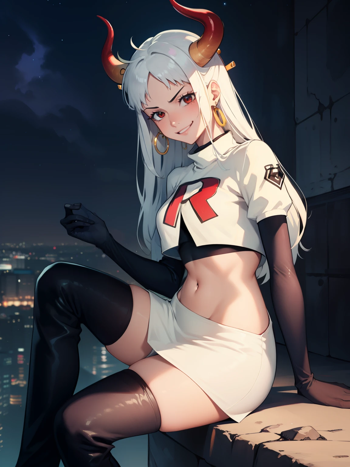 Yamato, horns ,earrings, glossy lips ,team rocket uniform, red letter R, white skirt,white crop top,black thigh-high boots, black elbow gloves, evil smile,  sitting down ,legs crossed, night sky background