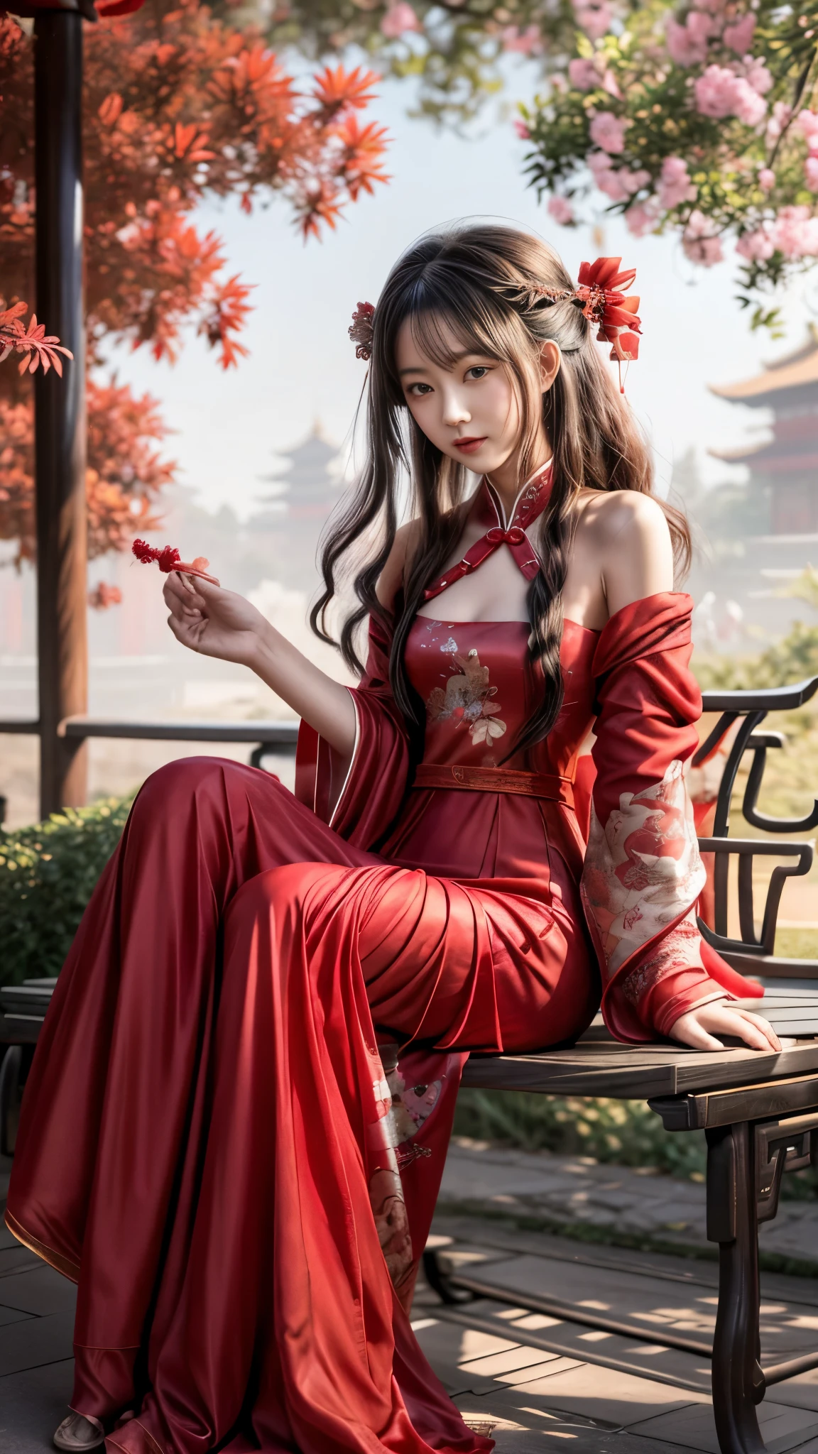 a woman in a red dress sitting on a bench under a tree, palace ， a girl in hanfu, guweiz, wearing ancient chinese clothes, cute anime waifu in a nice dress, chinese style, beautiful anime girl, flowing hair and long robes, by Yang J, beautiful anime woman, beautiful alluring anime woman, artwork in the style of guweiz