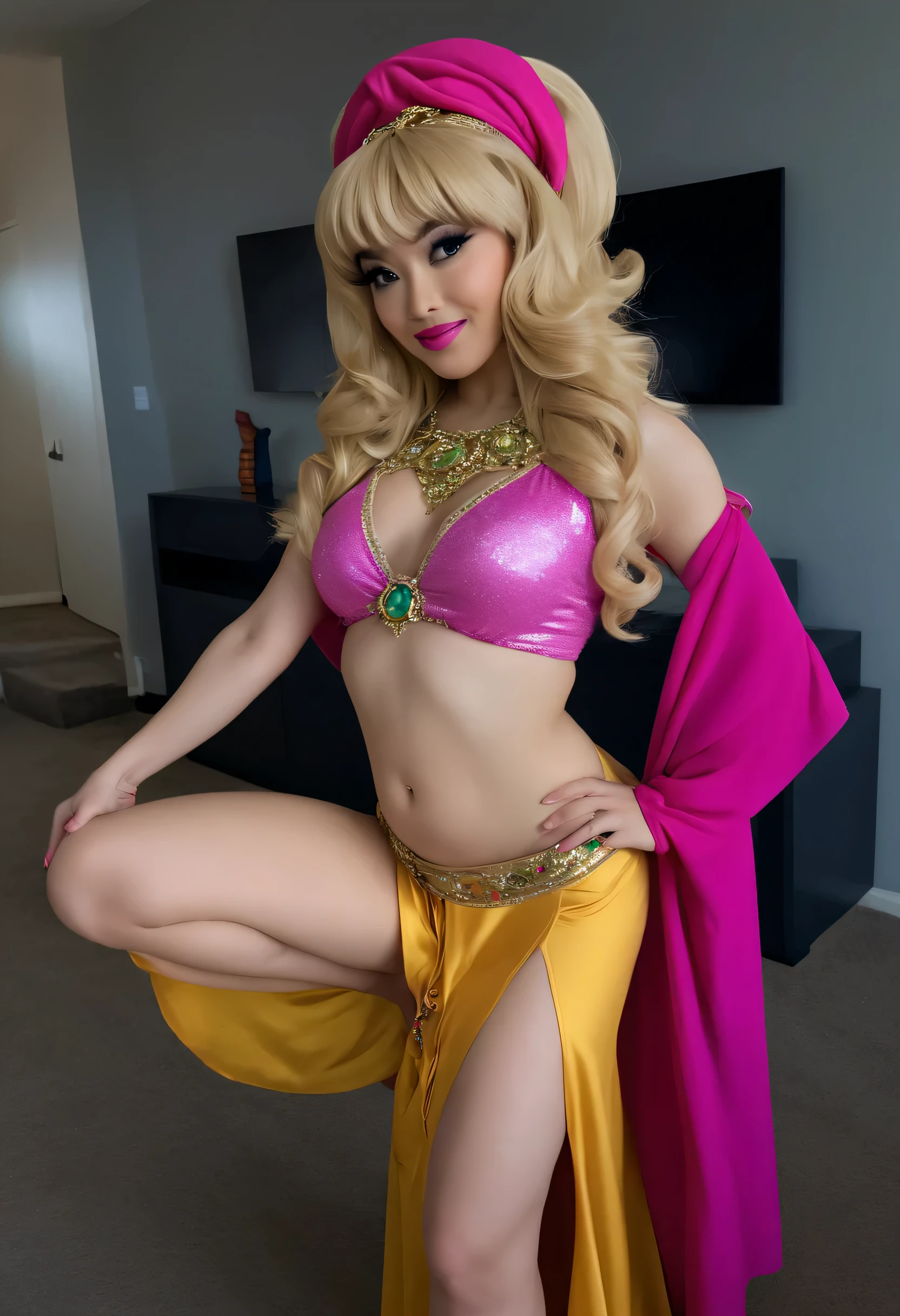 instagram star Xiaorou SeeU, dressed in cosplay as Jeannie from TV show I dream of Jeannie, she is belly dancing and adorable, no nudity, safe for work, show all of her, full body shot, head to toe, highest detail, masterpiece, extreme quality, avoid bad anatomy, avoid limbs vanishing or splitting”