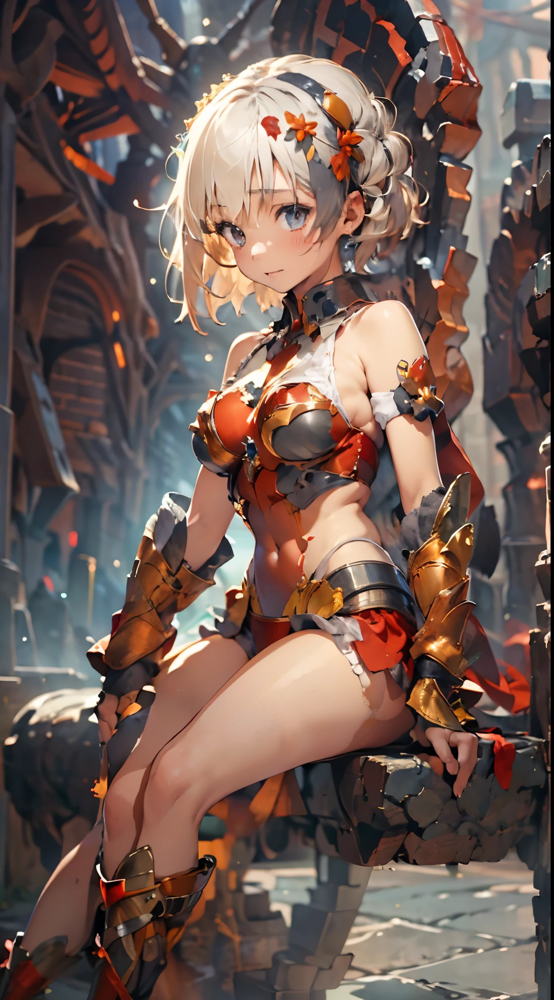 (The highest image quality, master piece:1.2), (Ultra Definition Illustration), (very cute :1.3), (1 girl:1.2), Solo, (short blond hair), (gorgeous red bikini armor:1.3), rpgroyalty, bare shoulder, armpits, sleeveless, black mecha