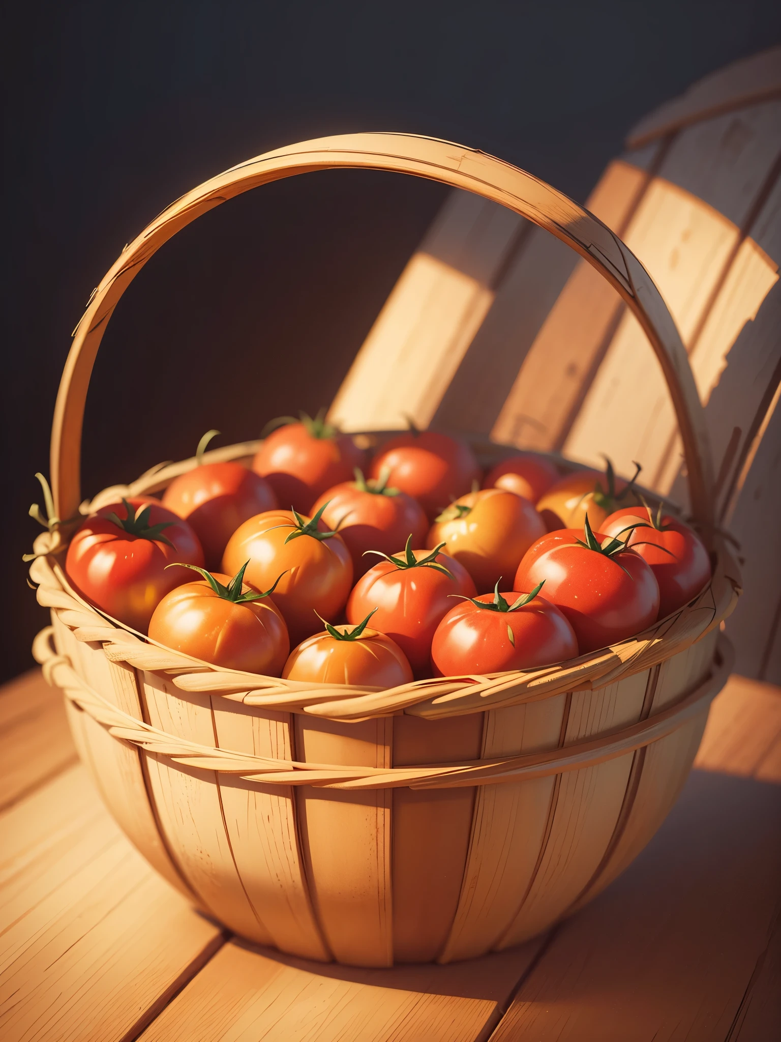 masterpiece, best quality，An illustration of many tomatoes in a basket，Pixar style, stills，simple background，perfect details，