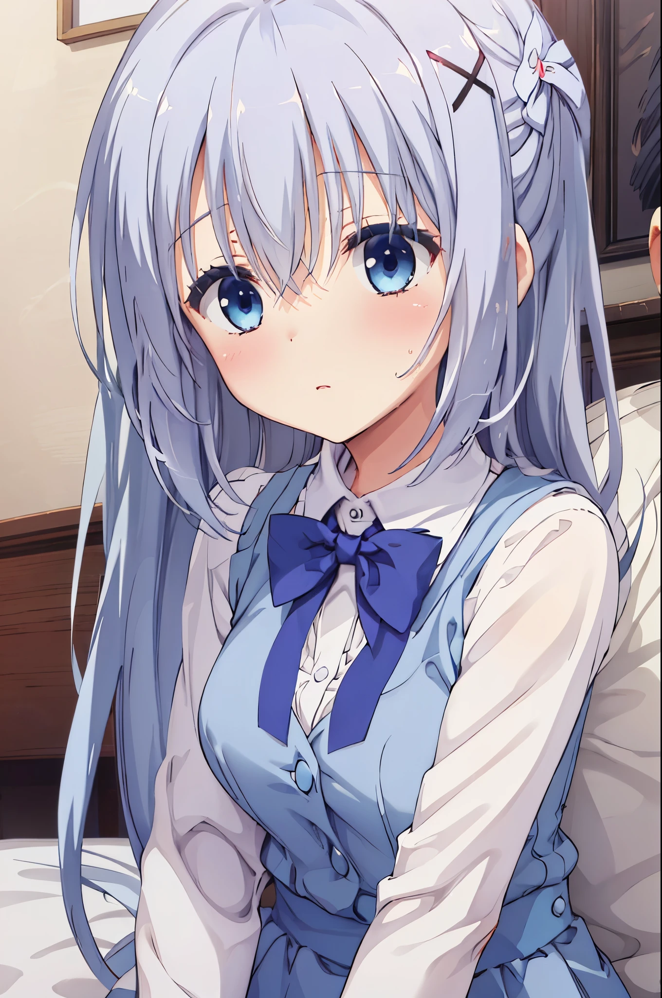 NSFW,((1 man and 1 woman,having sex)),(寝そべっている),Bare breasts,long hair,blue hair,hair between eyes,hair ornament,x hair ornament,blue eyes,hairclip,shirt,vest,blush,light blue hair,long sleeves,white shirt,blue vest,bangs,waitress,bow,bowtie,blue bowtie,口を開けた笑顔,ベッド