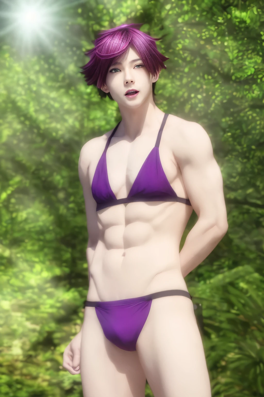 Anime boy in bikini posing in the forest,solo, anime rush john 8k forest, Highly detailed altogerm, attractive anime boy, official anime still, Enchanting anime boy, Commission for high resolution, Photorealistic anime boy rendering, Purple hair boy with short ponytail, clothing:bikini swimwear, Red-eyed boy, purple bikini, wearing a swimsuit, Commission for high resolution, in a trianglebikini, Photorealistic anime boy rendering, anime still, anime moe art style, official art, best anime boy, Boy standing, smile, Anime visual of a young boy, Charming anime boys, anime male characters, shuushuu anime image, male focus, anime best boys, Gweiz style artwork, detailed digital anime art, perfectly shaded body, Realistic anime 3D style, 美しいCharming anime boys, realistic anime art style, realistic shaded perfect body,