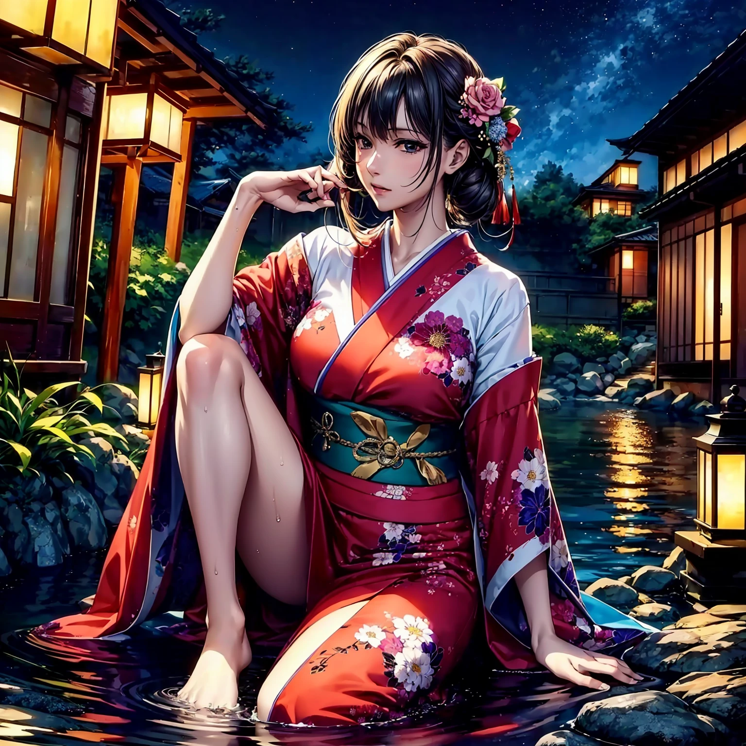 (((highest quality、masterpiece、very high resolution))),(There is a woman with perfect and ultimate beauty..,beautiful figure,beautiful face,beautiful skin,beautiful breasts,Well-formed eyes and nose)、(Slender and beautiful body,best hair texture,Best skin texture)、((Beautiful Japan kimono:floral and colorful)),(Fantastic waterside,There is a waterfall,Night cherry blossoms and lanterns,mysterious night sky、beautiful scenery),(water play,beautiful pose,model shoot,Hair flutters under the influence of the wind,There is a sense of dynamism),(realistic portrait,bijinga),Overall image、accurate anatomy、Image without defects、highly detailed images、accurate image、beautiful images,perfect image、beautiful anime woman, beautiful art style, anime character、(best shot,RAW photo)、