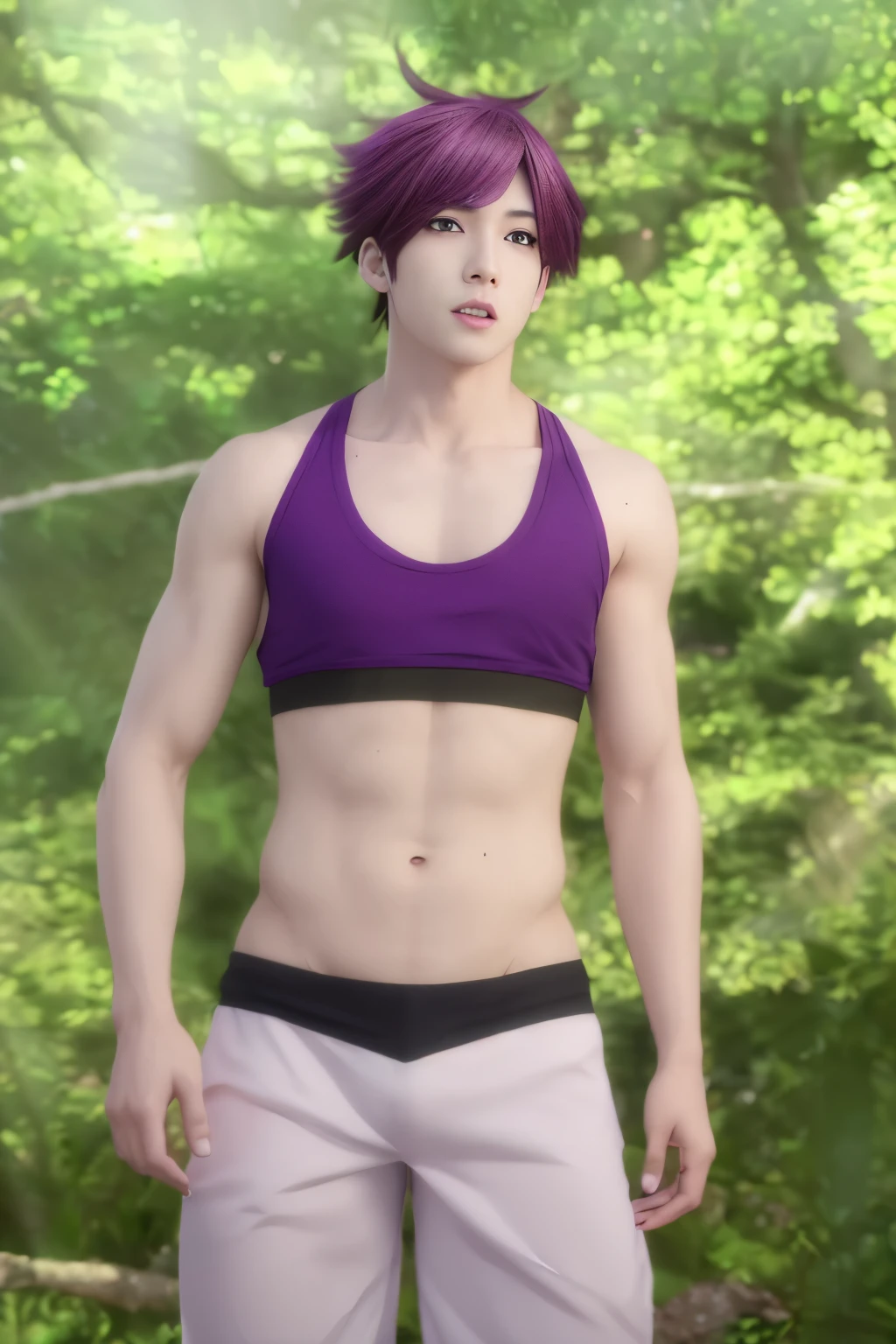 Anime boy in sports bra posing in the forest,solo, anime rush john 8k forest, Highly detailed altogerm, attractive anime boy, official anime still, Enchanting anime boy, Commission for high resolution, Photorealistic anime boy rendering, Purple hair boy with short ponytail, Red-eyed boy, Purple Sports Bra, purple panties, Commission for high resolution, Photorealistic anime boy rendering, anime still, anime moe art style, official art, best anime boy, Boy standing, smile, Anime visual of a young boy, Charming anime boys, anime male characters, shuushuu anime image, male focus, anime best boys, Gweiz style artwork, detailed digital anime art, perfectly shaded body, Realistic anime 3D style, 美しいCharming anime boys, realistic anime art style, realistic shaded perfect body, 