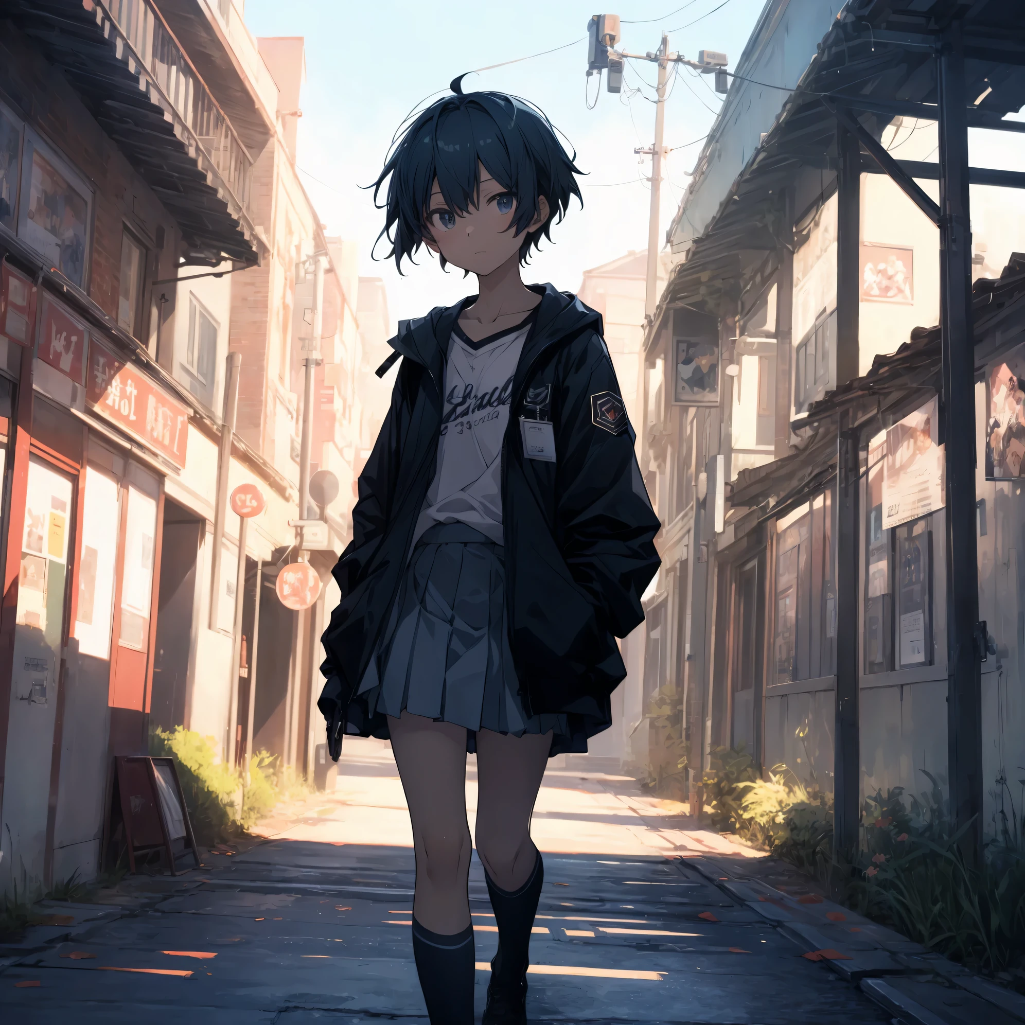 Super high quality by the art god, super detailed, High resolution,Shinkai Makoto style, anime moe art style, best anime 8K konachan wallpaper, pixiv contest winner, perfect anatomy, break,(眠そうにalone学校へ行く女の子を描いてください. ),break, surreal high school girl, (alone,lolita, , 13 years old:1.3),All limbs, full finger,, androgynous charm, (very, very short hair), messy hair, flat chest, , small ass, between legs, Small black eyes, we say, beautiful and fine eyes, Well-proportioned iris and pupils, disgusted eyes, High resolutionの詳細な髪, wearing school uniform, (skirt), On the way to school. break,super dense skin, Best lighting by famous artists, 8K, figure,