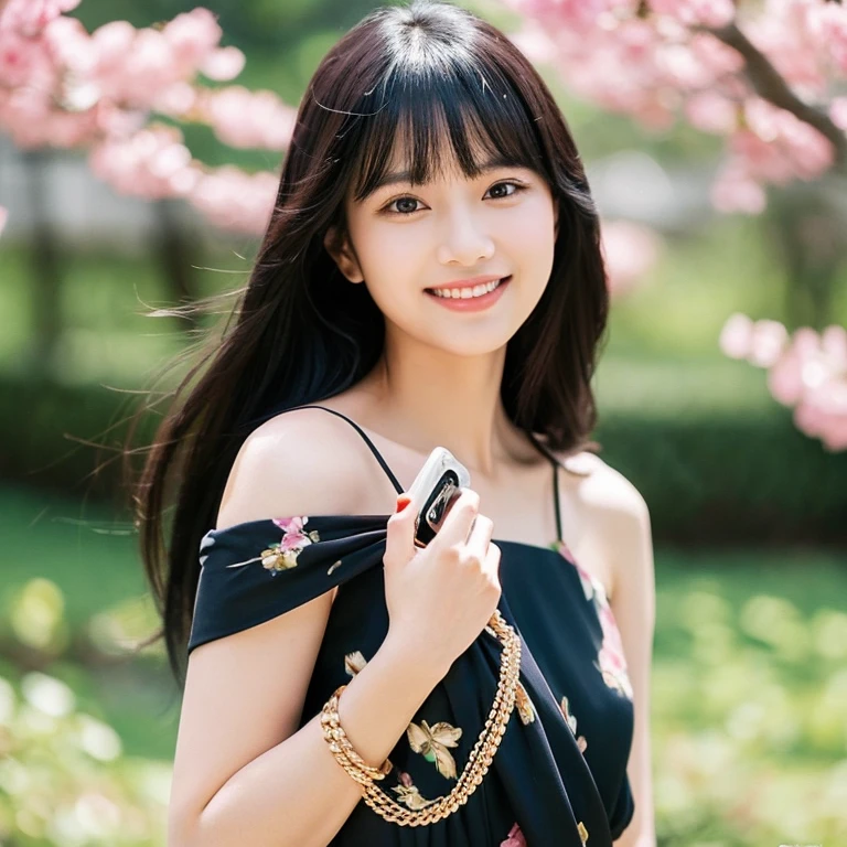 "Prompt for an illustration of a translucent beauty:
A woman in her early twenties, featured in a fashion magazine. She takes pride in her graceful and demure black hair, with bangs that reach just above her eyes. The lustrous black hair further enhances her beauty. Her deep brown eyes are striking, reflecting an elegant, glamorous, and intellectually refined expression. She adorns herself in an elegant one-piece dress, gracefully holding a small clutch bag, and smiling with sophistication. This prompt is designed to bring out the charm reminiscent of Sakura Endo."