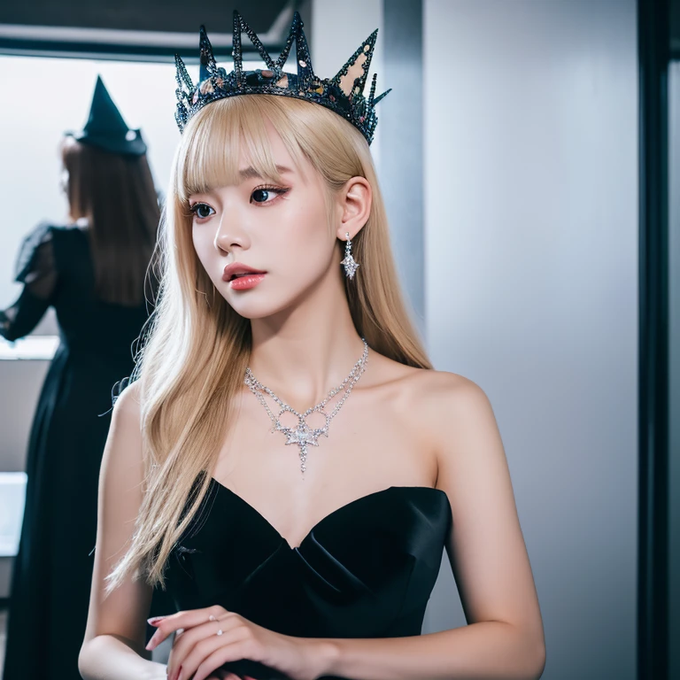 8K, Best Quality, 21yo Korean girl, multidimensional witch, blonde girl, diamond tiara, necklace, black dress