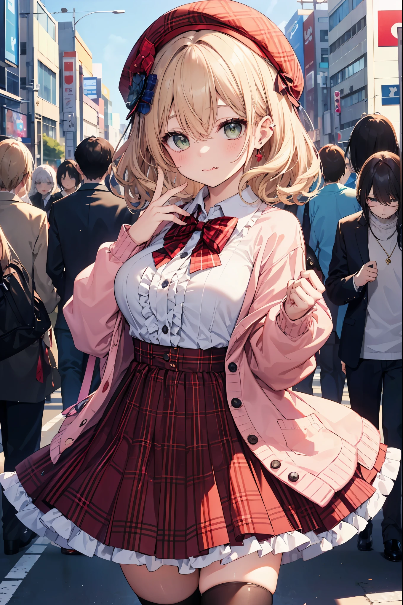 insanely detailed、disorganized、ultra high resolution、Super detailed、highest quality、 1 girl、solo、nice hands、Perfect hand breaking (Vintage style beret with flower pin:1.3)、(navy&red plaid dress:1.5)、(Gold buttons on the front:1.2)、(frills、Red bow tie、Ivory blouse:1.4)、(peach cardigan、cable knit patterns:1.3)、(Black tights:1.1)、(red mary jane shoes:1.2) destroy laugh、open your mouth、wavy mouth、 cute pose、cowboy shot、looking at the viewer breaking slender、cute、Perfectly symmetrical face、Super cute女の子、Super cute顔、Super detailedな目、Super detailedな髪、Super cute、super beautiful、 destroy harajuku、Shibuya、Tokyo、street、crowd、cityscape、 big breasts break (medium hair、Dark green eyes)、hair between eyes