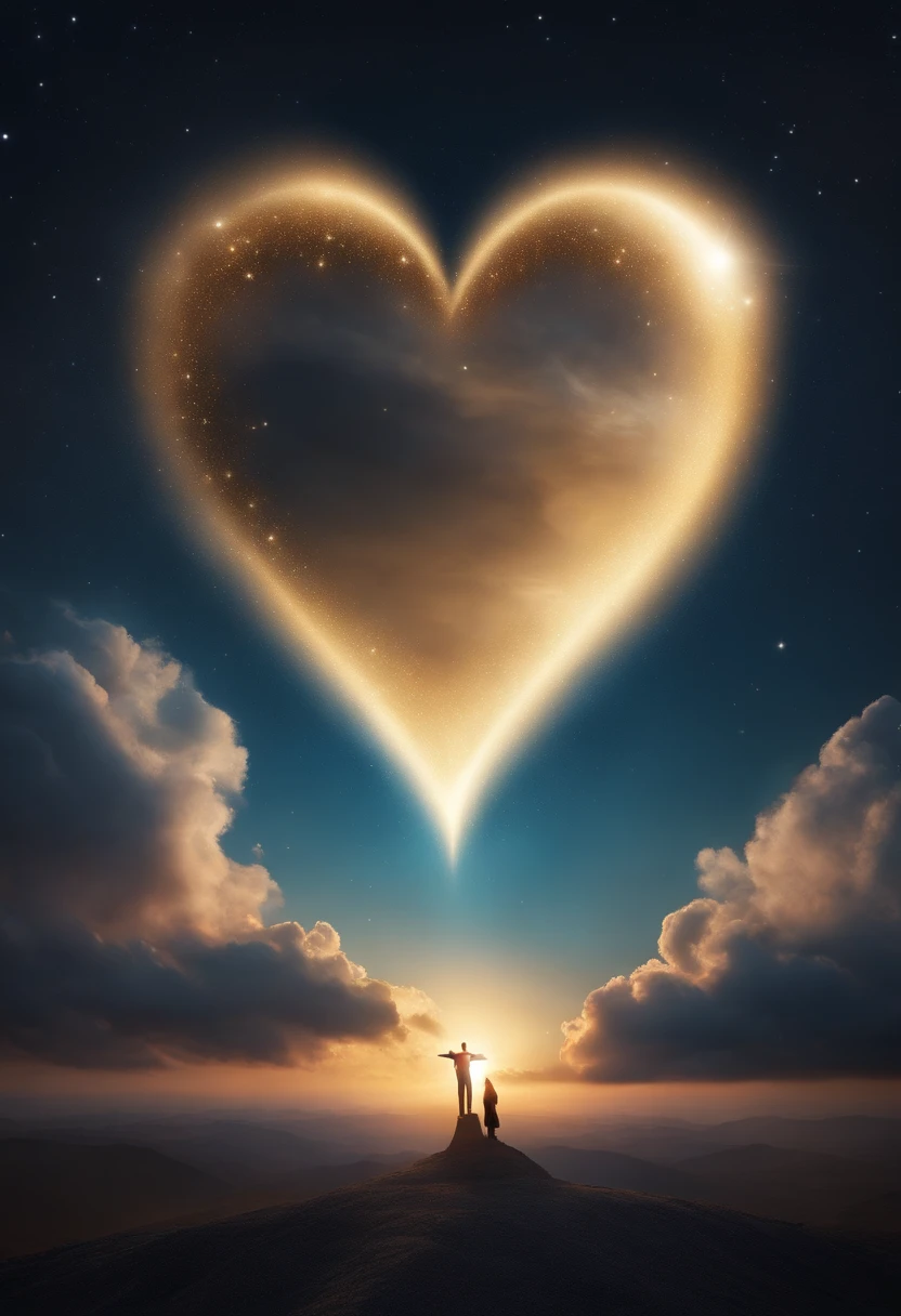 Create an image with a celestial body in the background, stars and clouds, represents God's love. insert poem "For God so loved the world that he gave his only begotten Son, Those who believe in him will not perish、should have eternal life." elegantly, Golden letters.((cloud heart shape))