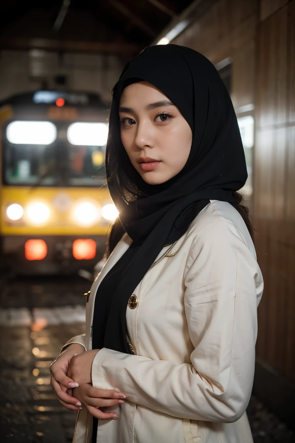 masterpiece, best quality, 8k, 85mm portrait, absurdres, beautiful girl, (upper body:1.4), cute, street, (school uniform, white shirt,long hijab, long sleeve,blue grey plain skirt, tie:1.2,(hair covered hijab, islamic hijab, white hijab:1.1) slender,(Indonesia, jakarta:0.7), natural makeup, perspective, depth of field, ultra realistic, highres, photography, sharp focus,HDR, facelight, dynamic lighting, highest detailed, extreme detailed, ultra detailed, finely detail, real skin, delicate facial features,classroom,