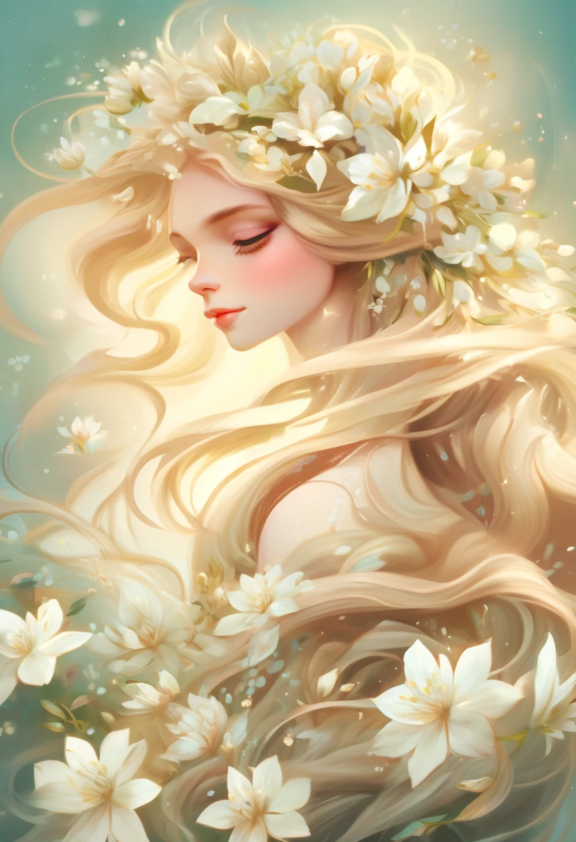 Painting of a woman with long hair and white flowers in her hair, beautiful digital illustrations, Beautiful artwork illustration, amazing digital illustrations, beautiful digital artwork, Inspired by Anna Dittman, amazing digital art, exquisite digital illustration, In the style of Anna Dittmann, beautiful digital art, beautiful amazing digital art, very beautiful digital art, beautiful fantasy art portrait