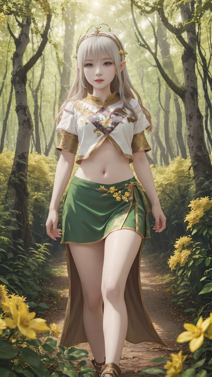 Beautiful white elf princess,Wearing a short green skirt,embroidered with golden flowers,exposed abdomen,Live-action texture,Delicate picture quality,Ultra HD resolution,The background is a sunny forest。Three-dimensional super texture