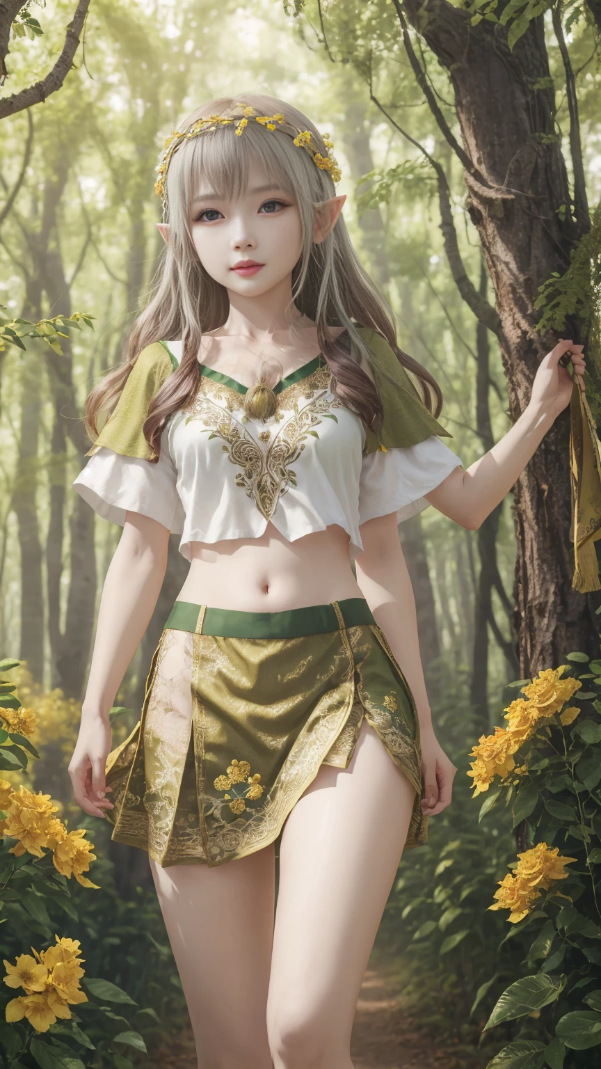Beautiful white elf princess，Wearing a short green skirt，embroidered with golden flowers，exposed abdomen，Live-action texture，Delicate picture quality，Ultra HD resolution，The background is a sunny forest。Three-dimensional super texture
