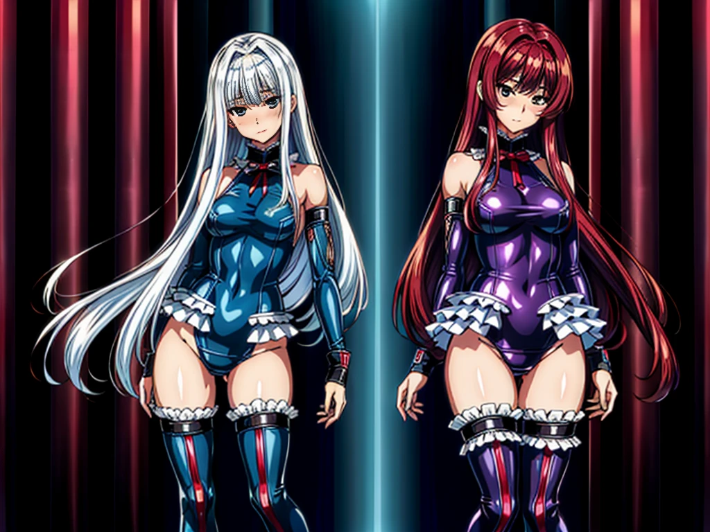 masterpiece, 8k,best quality, absurdres, perfect antomy,three girls, ( (Digital) (8K ), medium breasts, (fril swimsuit, Thighhighs, removed sleeve)) , highest quality, marierose,,,(Inside a  complex  research facility:1.1),,hypnoLora,
empty eyes
