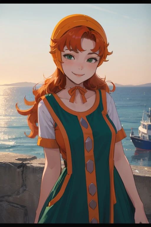 maribel, long green dress, orange hair,hood, breasts,
(best quality, masterpiece, RAW photo,ultra-detailed:1.2), 1girl,solo,looking at viewer, naughty smile, seaside town in the Aegean Sea backgroud,