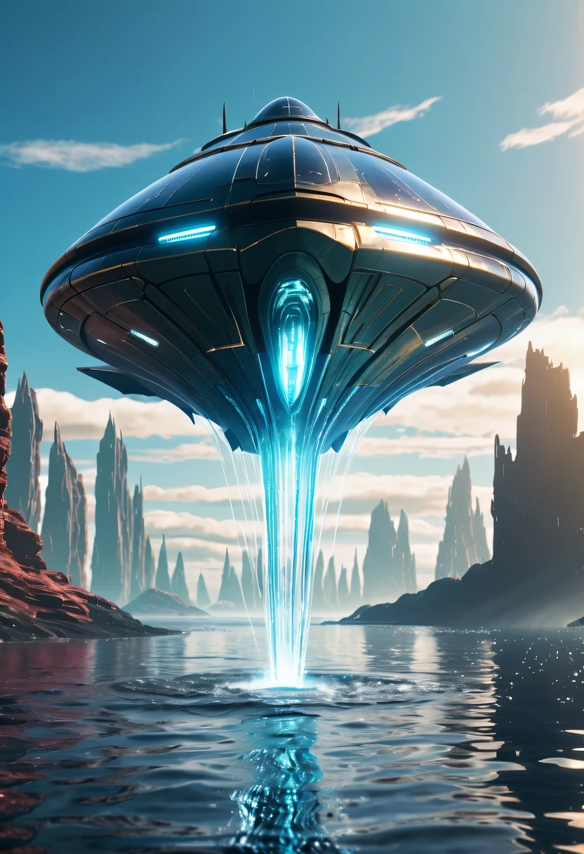 Metallic water-shaped land and sea spaceship, plasma shield.flight path,Futuristic airplane background ship battle form futuristic flight 4k
