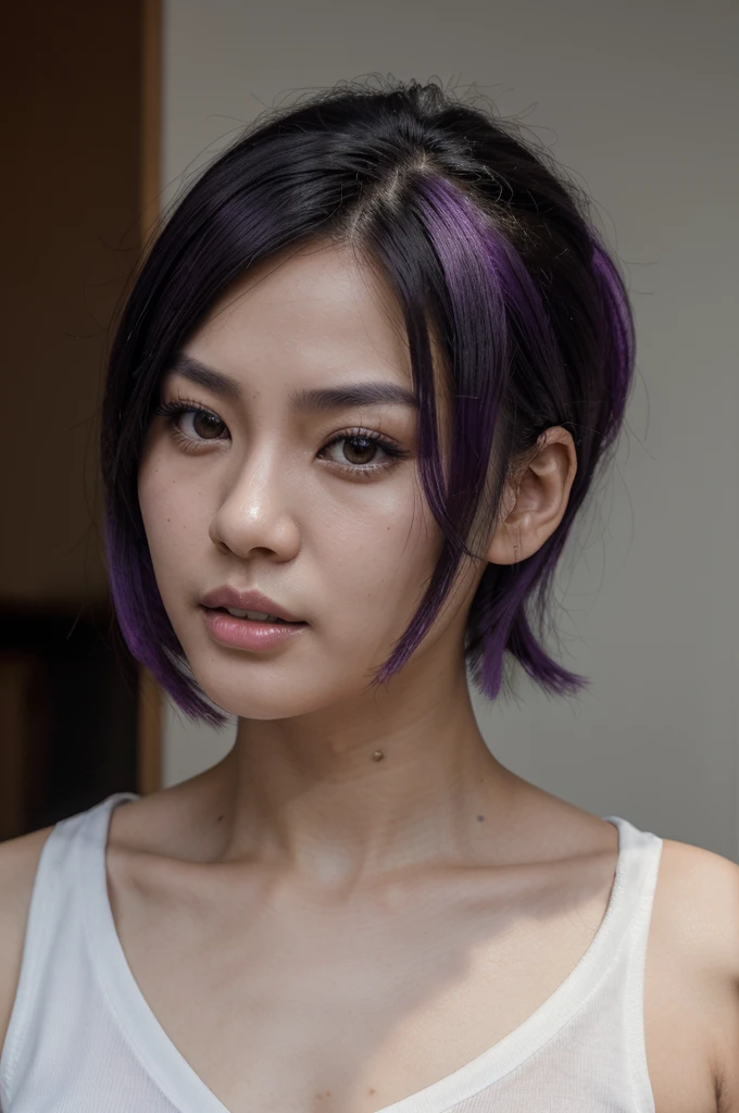 Portrait photo, face closeup, (RAW photo, highest quality), (realistic, photorealistic), 25 year old Asian girl, Fei Liang beautilul and very detailed face, punk haircut, black hair with a purple streak, body with a slim build and perfect proportions , looking at the camera, dresing a modern blouse in white