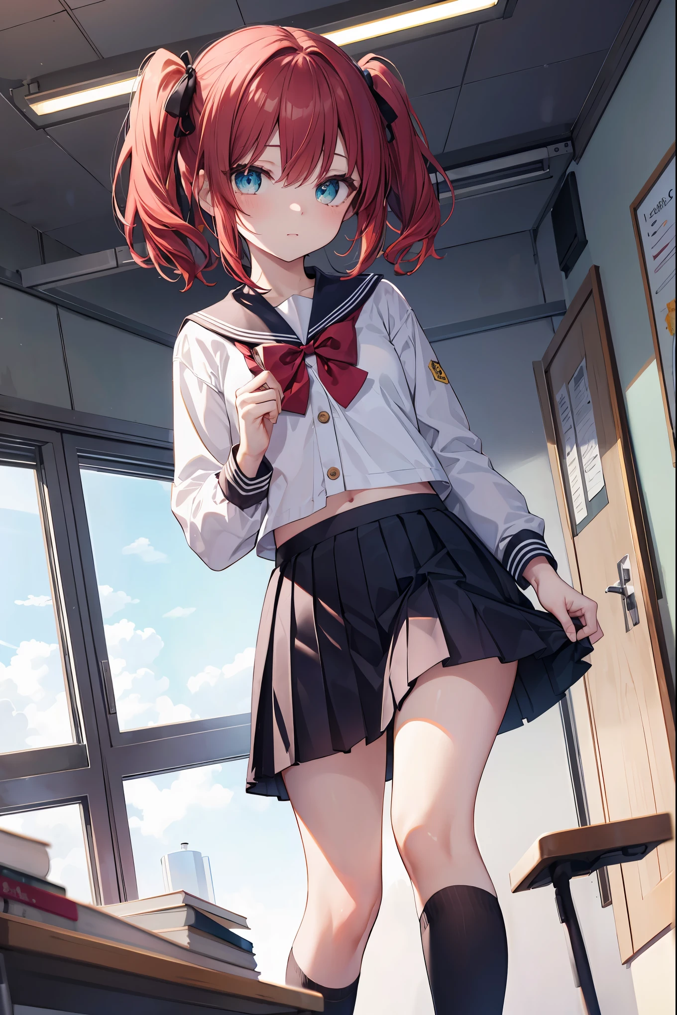 rubykurosawa, ruby kurosawa, aqua eyes, medium hair, red hair, two side up, twintails, (flat chest:1.2), 
BREAK black socks, bow, bowtie, brown footwear, buttons, grey sailor collar, grey skirt, loafers, long sleeves, miniskirt, pleated skirt, sailor collar, school uniform, serafuku, shirt, shoes, skirt, uranohoshi school uniform, white shirt, winter uniform, yellow bow, yellow bowtie,
BREAK looking at viewer, 
BREAK indoors, classroom, 
BREAK (masterpiece:1.2), best quality, high resolution, unity 8k wallpaper, (illustration:0.8), (beautiful detailed eyes:1.6), extremely detailed face, perfect lighting, extremely detailed CG, (perfect hands, perfect anatomy),