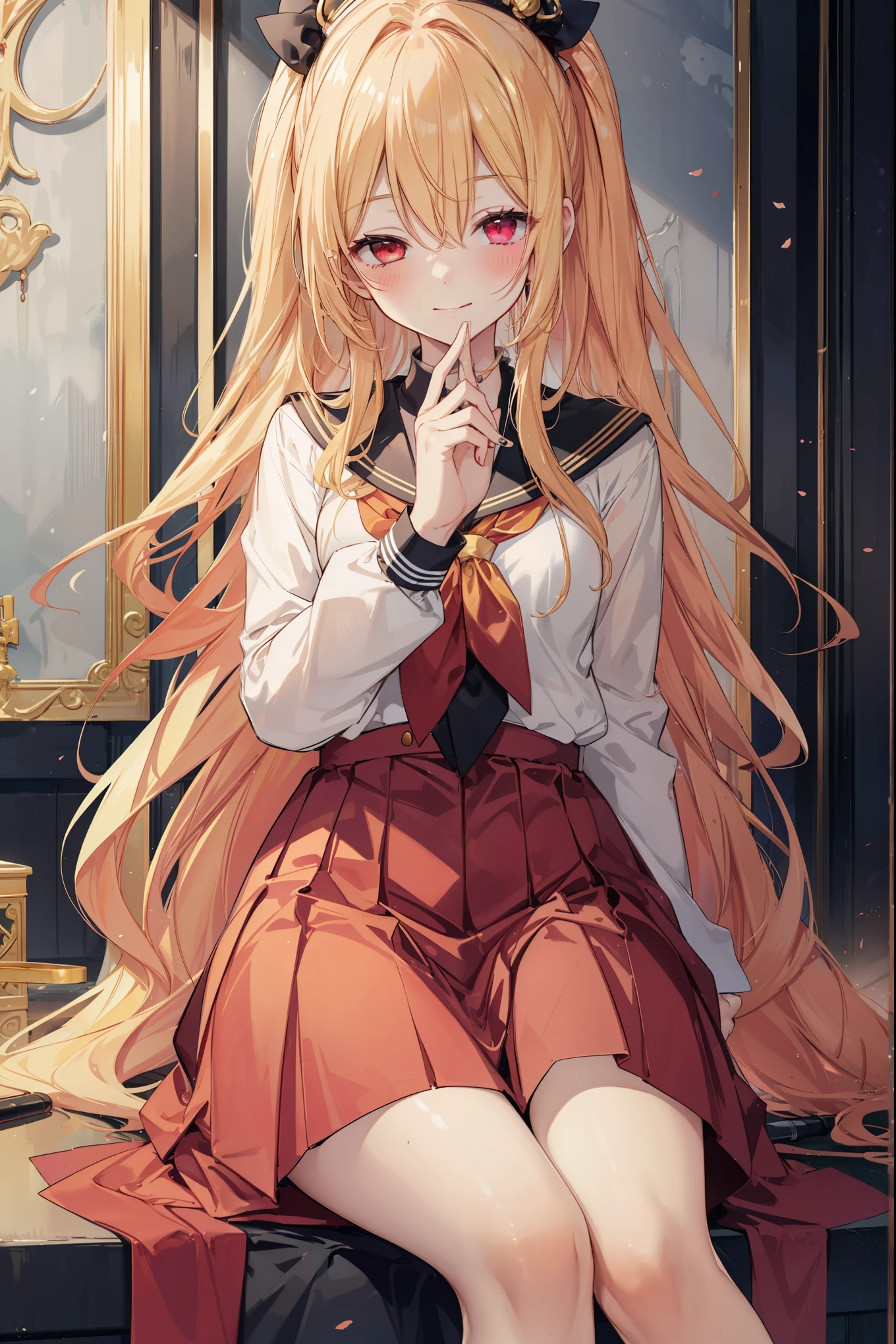 1Girl, golden hair, sharp red eyes but closed 1 eyes, blush, harm smile, wearing high school girl clothes, sitting while playing music tools, make it like tarot anime-style but no frame