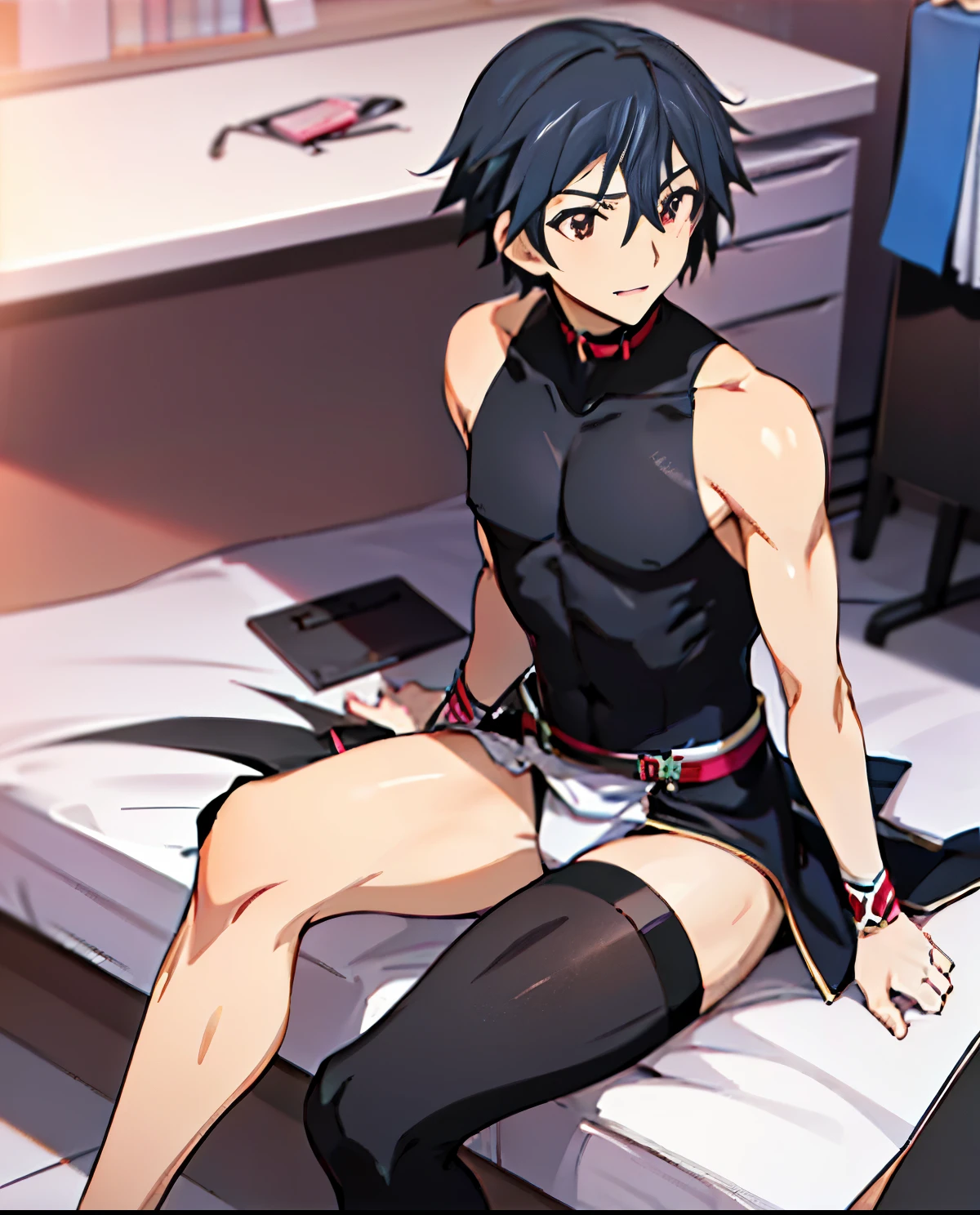 Close-up of a man with short dark hair and a black leotard, anime moe art style, seductive anime men, ( ( stop 4 # ) ), Men with short black hair, Tall anime man with red eyes, naughty anime style, Anime man wearing a black leotard, anime male characters, High School D×D, College DXD, Dress Up Darling Anime, attractive anime man, beautiful charming anime teen, handsome anime pose, handsome anime man, male focus, Bare shoulders, bare legs, bare arms, bare thighs, Cool anime men