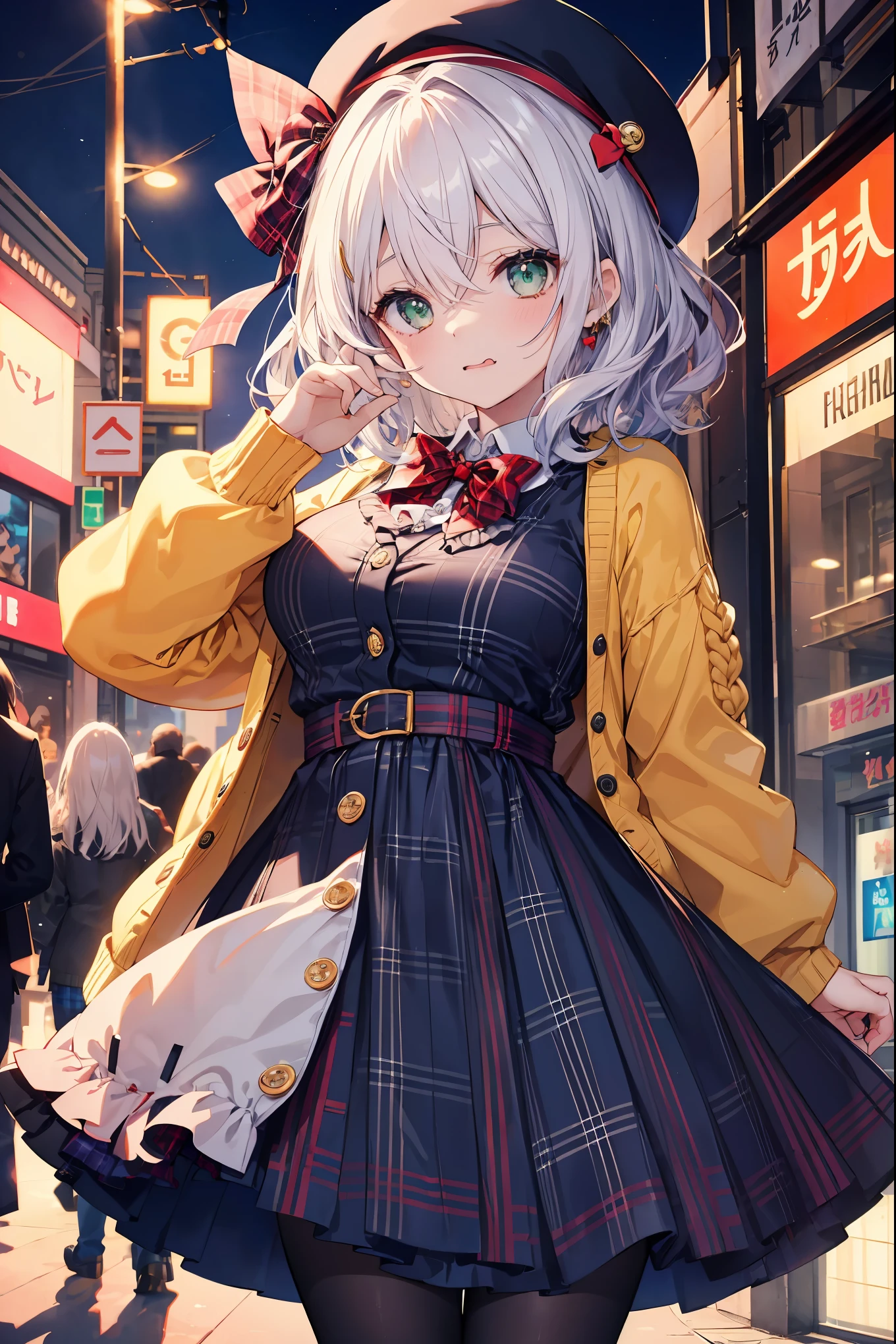 insanely detailed、disorganized、ultra high resolution、Super detailed、highest quality、 1 girl、solo、nice hands、Perfect hand breaking (Vintage style beret with flower pin:1.3)、(navy&red plaid dress:1.5)、(Gold buttons on the front:1.2)、(frills、Red bow tie、Ivory blouse:1.4)、(peach cardigan、cable knit patterns:1.3)、(Black tights:1.1)、(red mary jane shoes:1.2) destroy laugh、open your mouth、wavy mouth、 cute pose、cowboy shot、looking at the viewer breaking slender、cute、Perfectly symmetrical face、Super cute女の子、Super cute顔、Super detailedな目、Super detailedな髪、Super cute、super beautiful、 destroy harajuku、Shibuya、Tokyo、street、crowd、cityscape、 big breasts break (medium hair、Dark green eyes)、hair between eyes