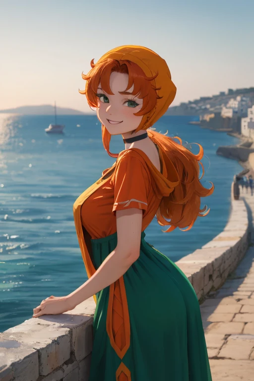 maribel, long green dress, orange hair,hood, breasts, (best quality, masterpiece, RAW photo,ultra-detailed:1.2), 1girl,solo,choker,looking at viewer, naughty smile, Medieval seaside town in the Aegean Sea backgroud,