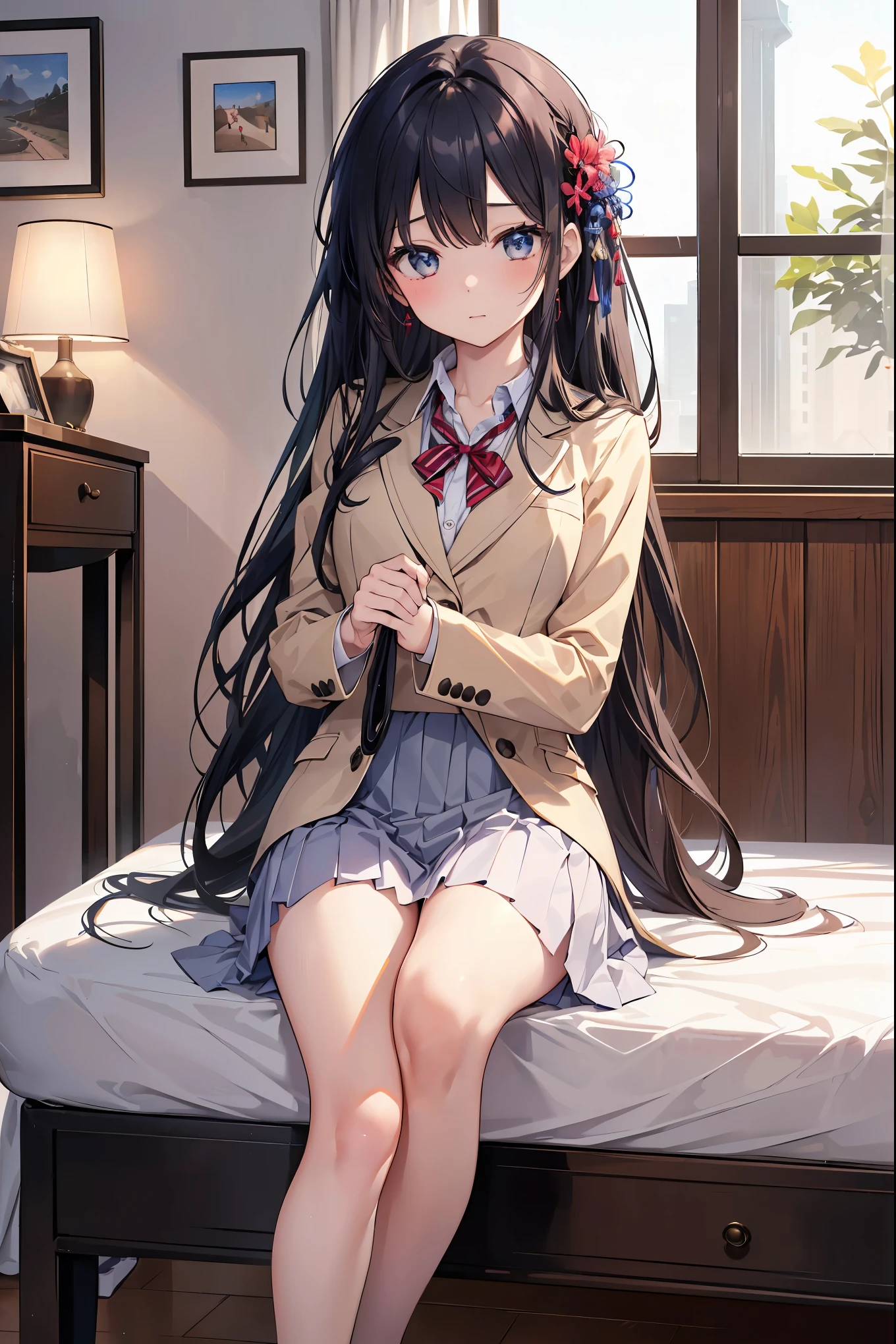 1 girl, ((((masterpiece))), highest quality, highest quality, Haisole, 1 girl, A neat uniform that is popular in Japanese uniform design、The most realistic high school girls&#39; uniform with attention to material texture and detailed design.、 School uniform, cute hairstyle and hair ornaments, long hair, black hair, Realistic, complex and detailed eyes、A girl whose complex and uneven surfaces are realistically reproduced.、, alone, red, 濃い青色のブレザーにredい細いリボンが付いています, Plain white button shirt under blazer, figure, comics, pleasant tone, calm colors, soft movie-like light, Adobe Lightroom, photo lab, HDR, complex and highly detailed, (((Depth of bounds written))))). (((masterpiece))). (((highest quality))).) ((Super detailed))). (((figure))). (((indoor))). (((chestに手を当てる)))). chest,(((room))).dynamic focus.均整の取れたバランスの良いchest.