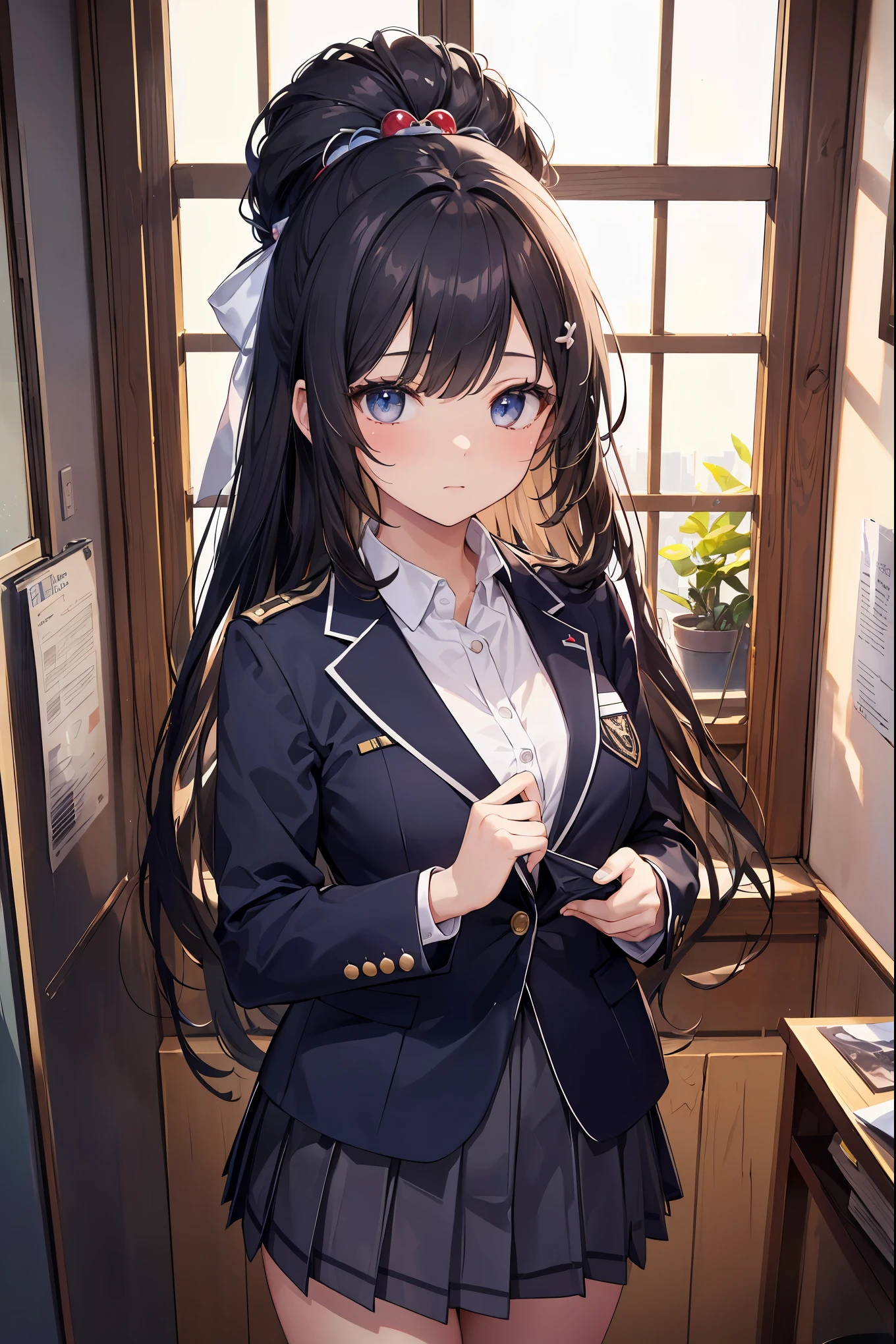 1 girl, ((((masterpiece))), highest quality, highest quality, Haisole, 1 girl, A neat uniform that is popular in Japanese uniform design、The most realistic high school girls&#39; uniform with attention to material texture and detailed design.、 School uniform, cute hairstyle and hair ornaments, long hair, black hair, Realistic, complex and detailed eyes、A girl whose complex and uneven surfaces are realistically reproduced.、, alone, red, 濃い青色のブレザーにredい細いリボンが付いています, Plain white button shirt under blazer, figure, comics, pleasant tone, calm colors, soft movie-like light, Adobe Lightroom, photo lab, HDR, complex and highly detailed, (((Depth of bounds written))))). (((masterpiece))). (((highest quality))).) ((Super detailed))). (((figure))). (((indoor))). (((chestに手を当てる)))). chest,(((room))).dynamic focus.均整の取れたバランスの良いchest.