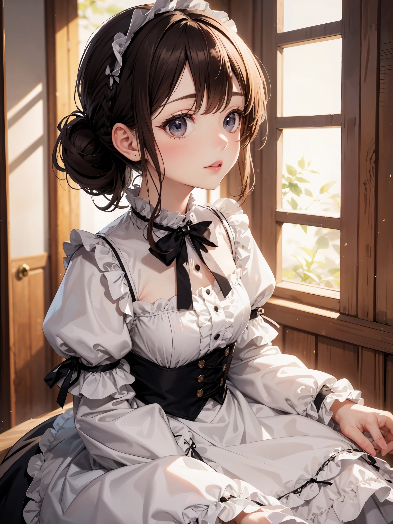 Sweet Lolita fashion girl, meticulously and detailedly reproduced,Curly ponytail braids and soft outfits,legendary masterpiece、absolute resolution、