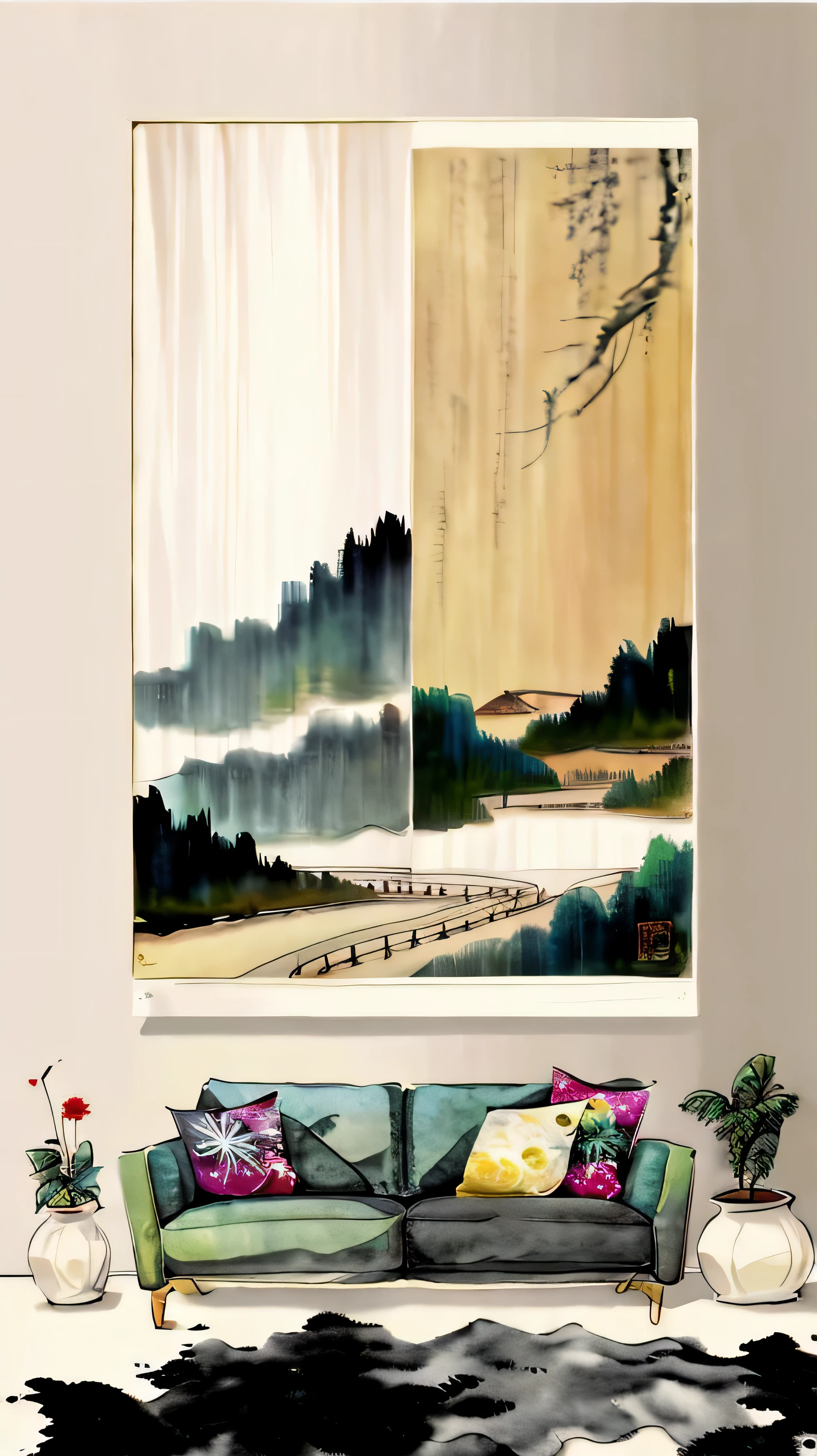 a close up of a couch with a painting on the wall, modern art style, landscape art, japanese art style, art style, scenery artwork, minimalist art style, contemporary art style, modern digital art, art poster, 4k art, mid century art, minimal art style, digital landscape art, artistic landscape, abstract scene design, minimalist painting