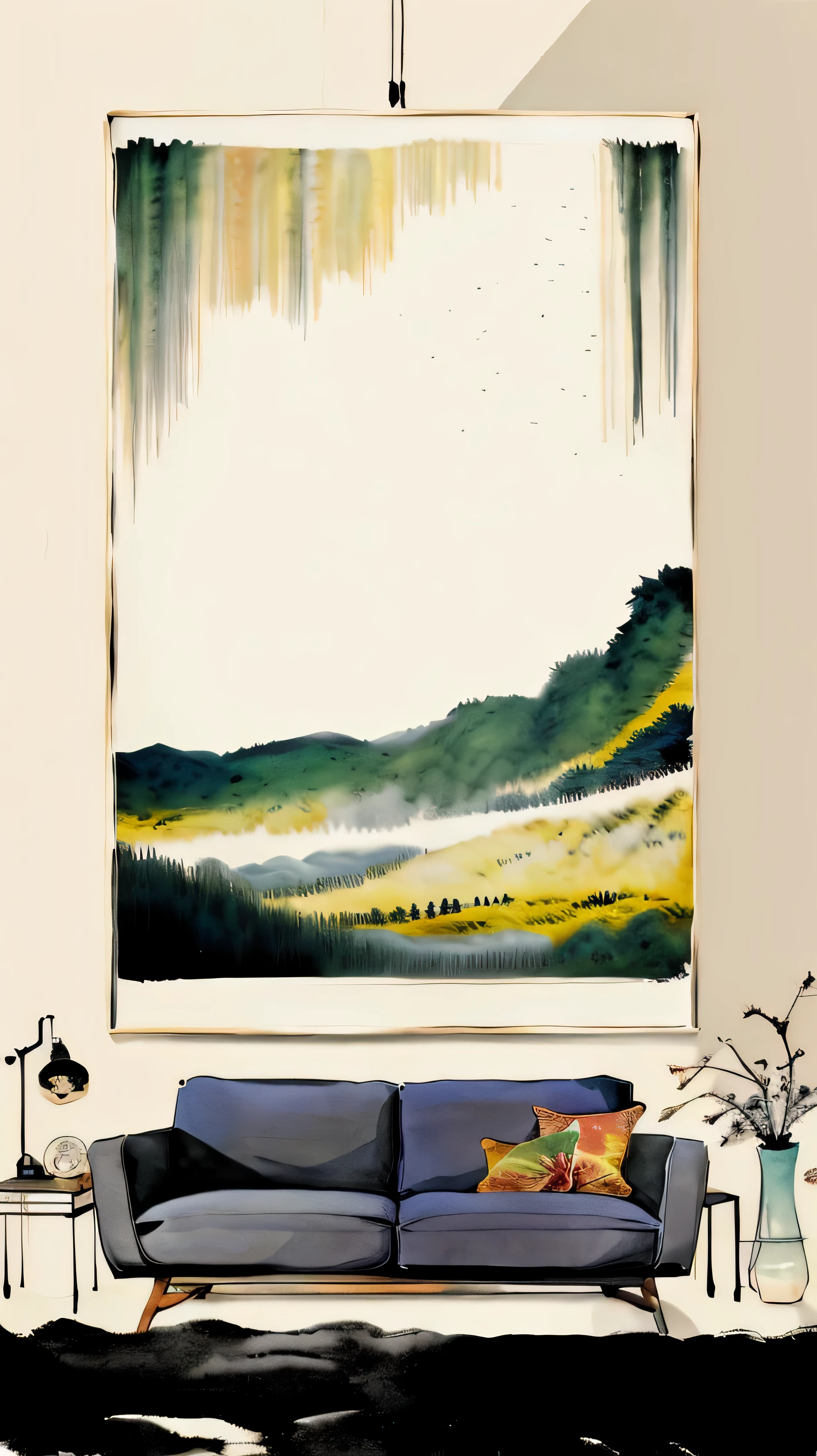 a close up of a couch with a painting on the wall, modern art style, landscape art, japanese art style, art style, scenery artwork, minimalist art style, contemporary art style, modern digital art, art poster, 4k art, mid century art, minimal art style, digital landscape art, artistic landscape, abstract scene design, minimalist painting
