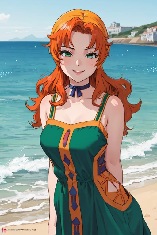 maribel, long green dress, orange hair,hood, breasts, (best quality, masterpiece, RAW photo,ultra-detailed:1.2), 1girl,solo,choker,looking at viewer, naughty smile, Medieval seaside town in the Aegean Sea backgroud,