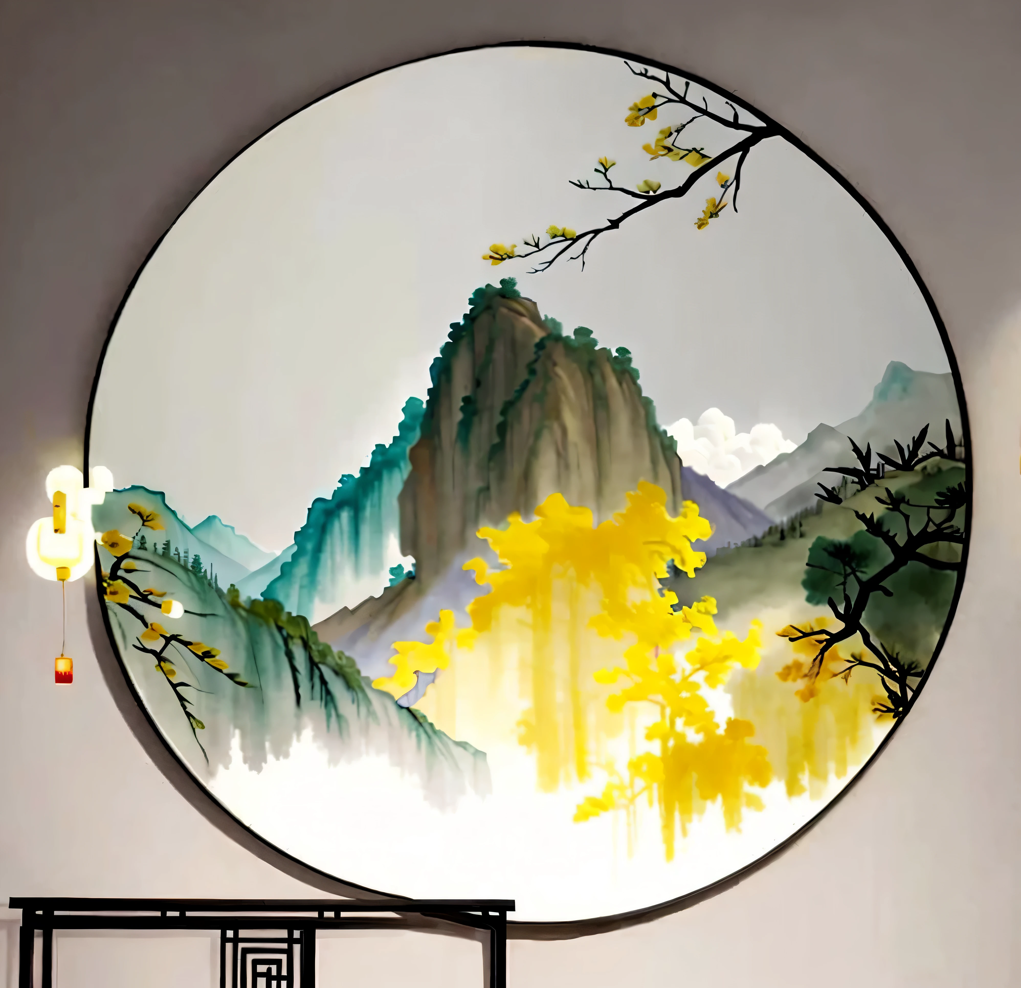 there is a painting on the wall of a living room, chinese painting style, chinese watercolor style, chinese style painting, inspired by Sun Kehong, modern european ink painting, chinese ink painting, [ 4 k digital art, chinese landscape, inspired by Xiao Yuncong, 4k art, round mirror on the wall, inspired by Ma Yuan