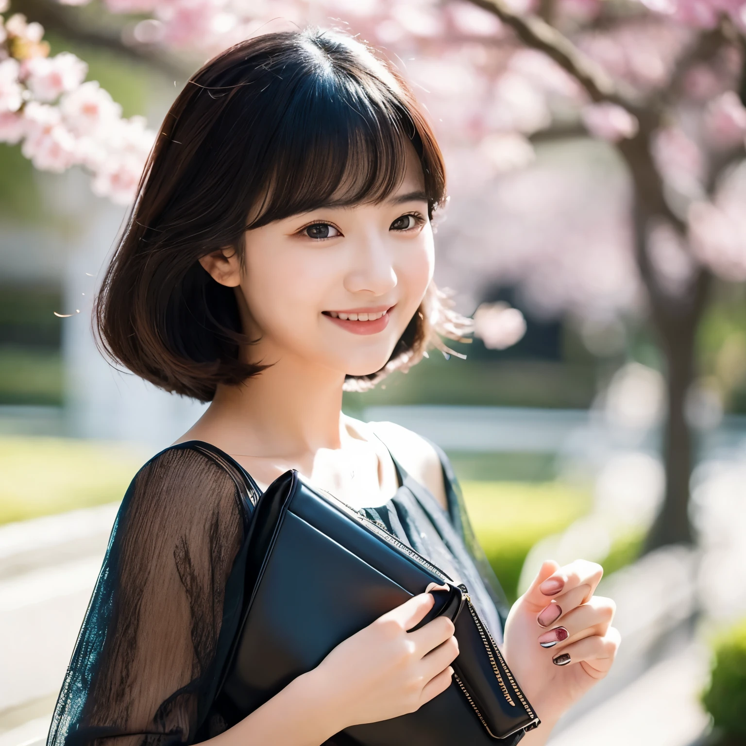 "Prompt for an illustration of a translucent beauty:
A woman in her early twenties, featured in a fashion magazine. She takes pride in her graceful and demure black hair, with bangs that reach just above her eyes. The lustrous black hair further enhances her beauty. Her deep brown eyes are striking, reflecting an elegant, glamorous, and intellectually refined expression. She adorns herself in an elegant one-piece dress, gracefully holding a small clutch bag, and smiling with sophistication. This prompt is designed to bring out the charm reminiscent of Sakura Endo."