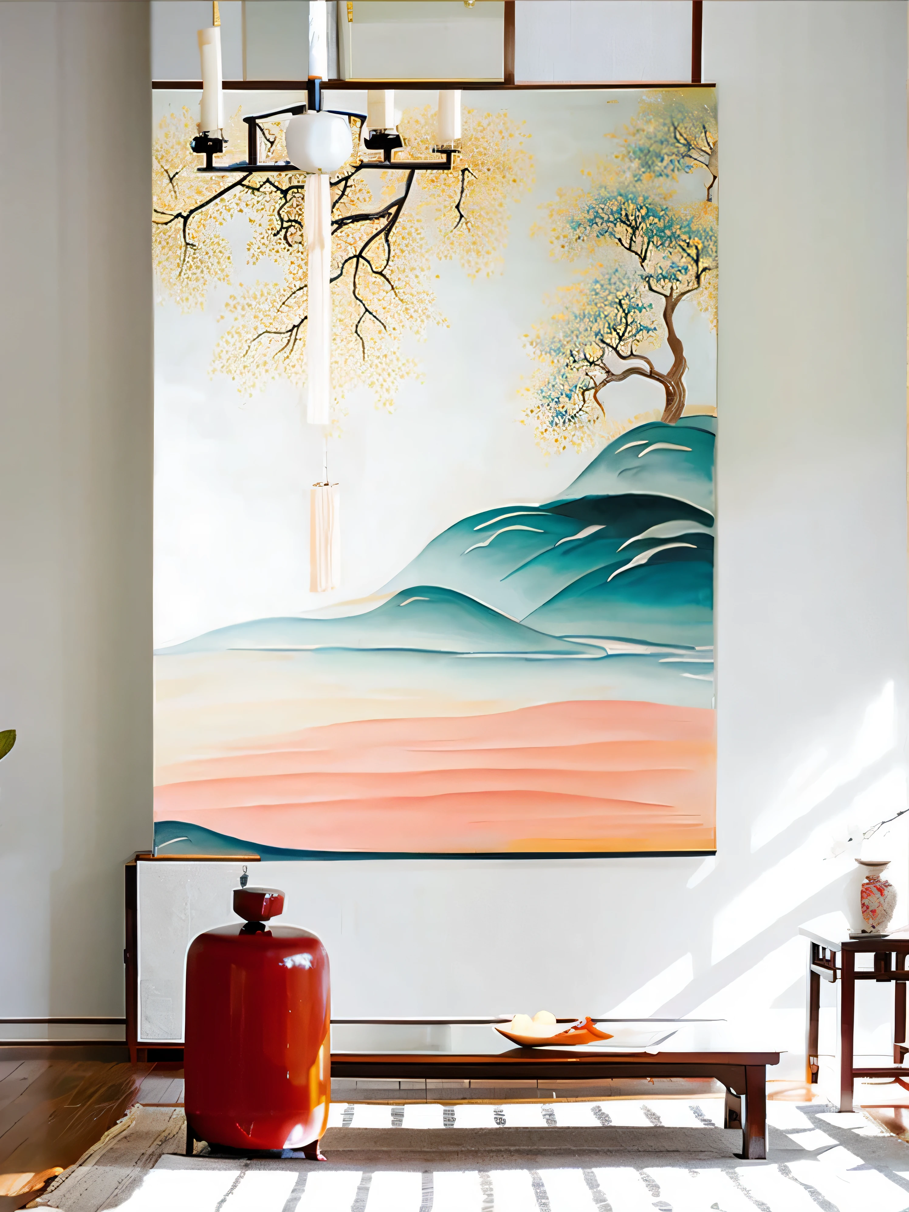 there is a painting of a tree in a vase on the wall, hanging scroll on wall, chinese painting style, japanese inspired poster, chinese watercolor style, chinese style painting, high-quality art, placed in a living room, japanese style painting, clean elegant painting, 中 元 节, canvas art, canvas art print, japanese art, minimalist painting