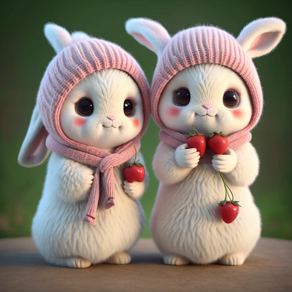 : 3. Rabbit, realistic, hairy, dressed beast, apple, dark circles, blush, cherry, food, fruit, whole body, hat, non-human, strawberry, tomato, watermelon