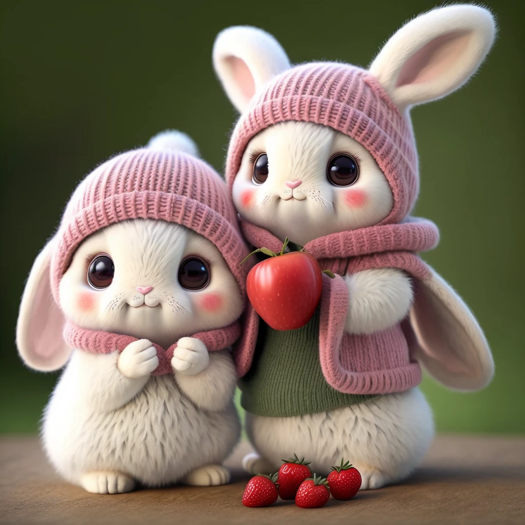 : 3. Rabbit, realistic, hairy, dressed beast, apple, dark circles, blush, cherry, food, fruit, whole body, hat, non-human, strawberry, tomato, watermelon