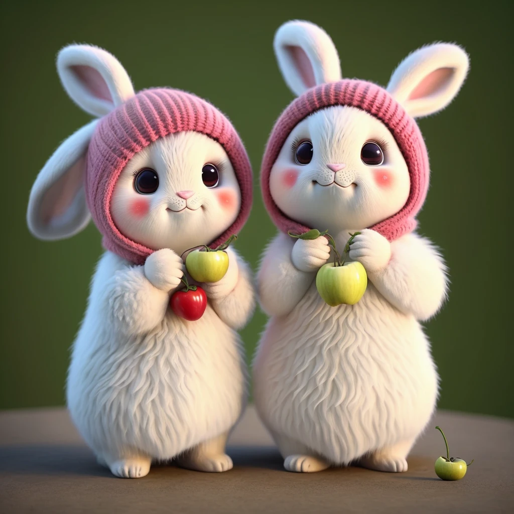 : 3. Rabbit, realistic, hairy, dressed beast, apple, dark circles, blush, cherry, food, fruit, whole body, hat, non-human, strawberry, tomato, watermelon