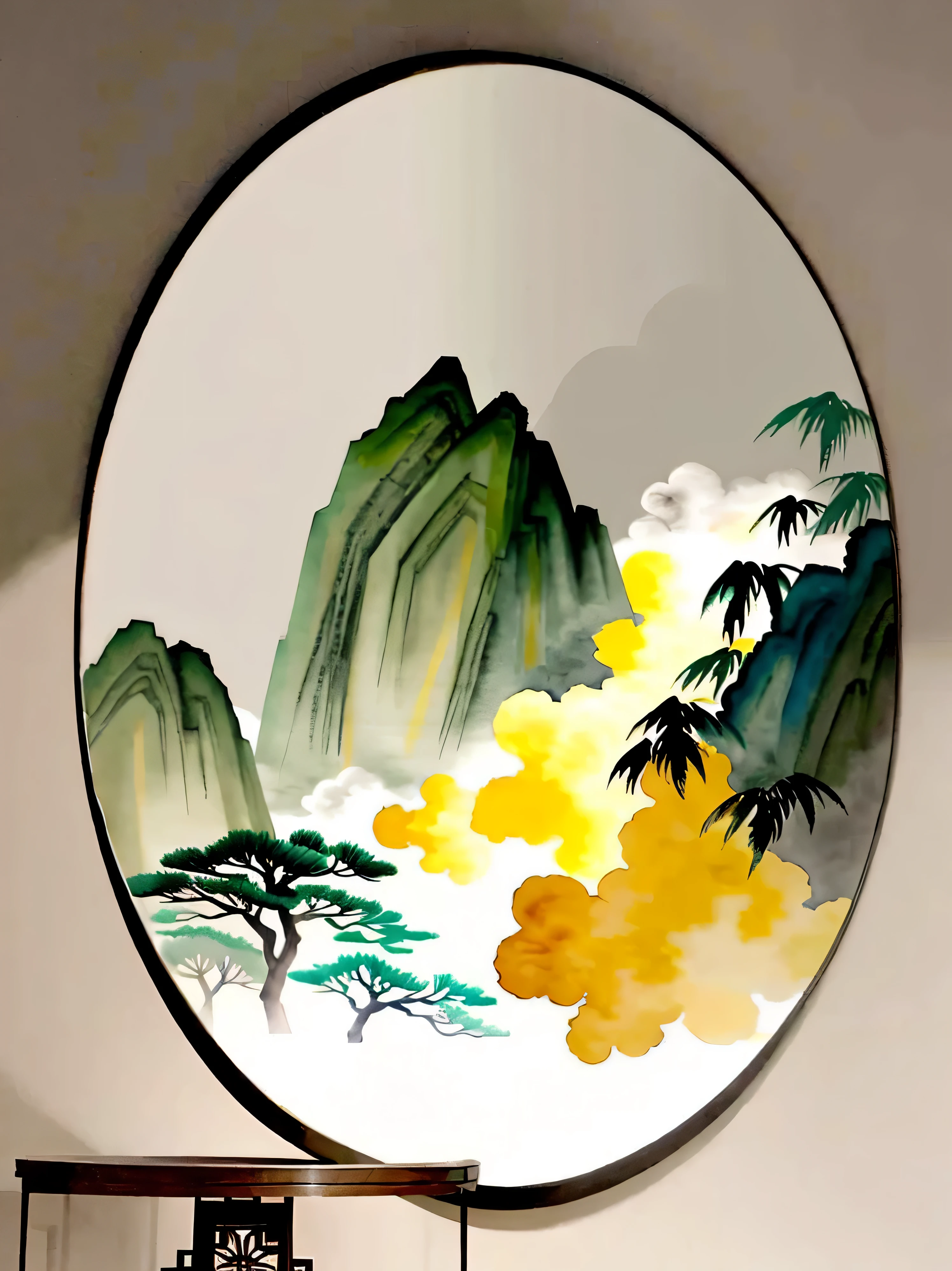 there is a painting on the wall of a living room, chinese painting style, chinese watercolor style, chinese style painting, inspired by Sun Kehong, modern european ink painting, chinese ink painting, [ 4 k digital art, chinese landscape, inspired by Xiao Yuncong, 4k art, round mirror on the wall, inspired by Ma Yuan