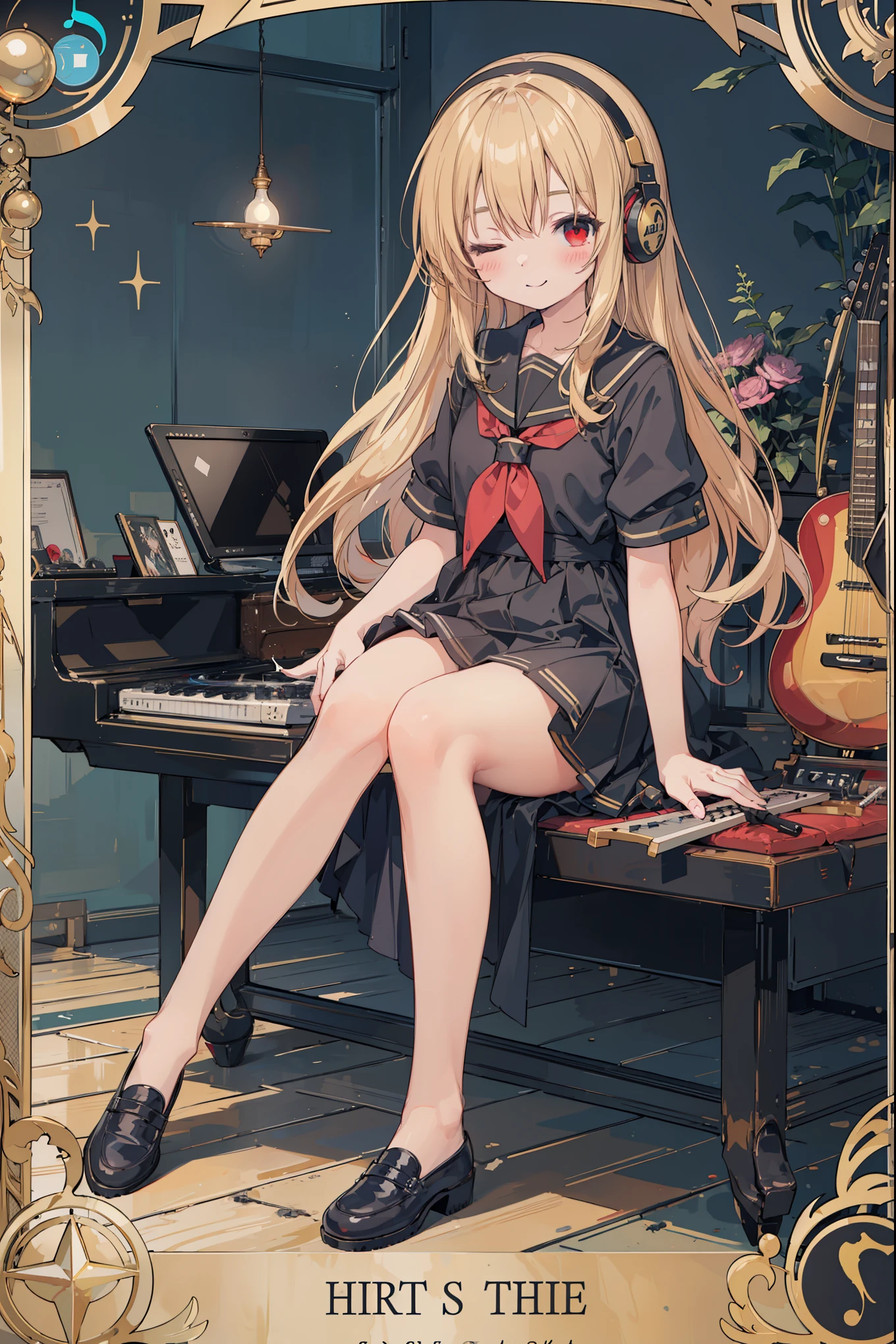 1Girl, golden hair, sharp red eyes but closed 1 eyes, blush, harm smile, wearing high school girl clothes, sitting while playing music tools, make it like tarot anime-style but no frame